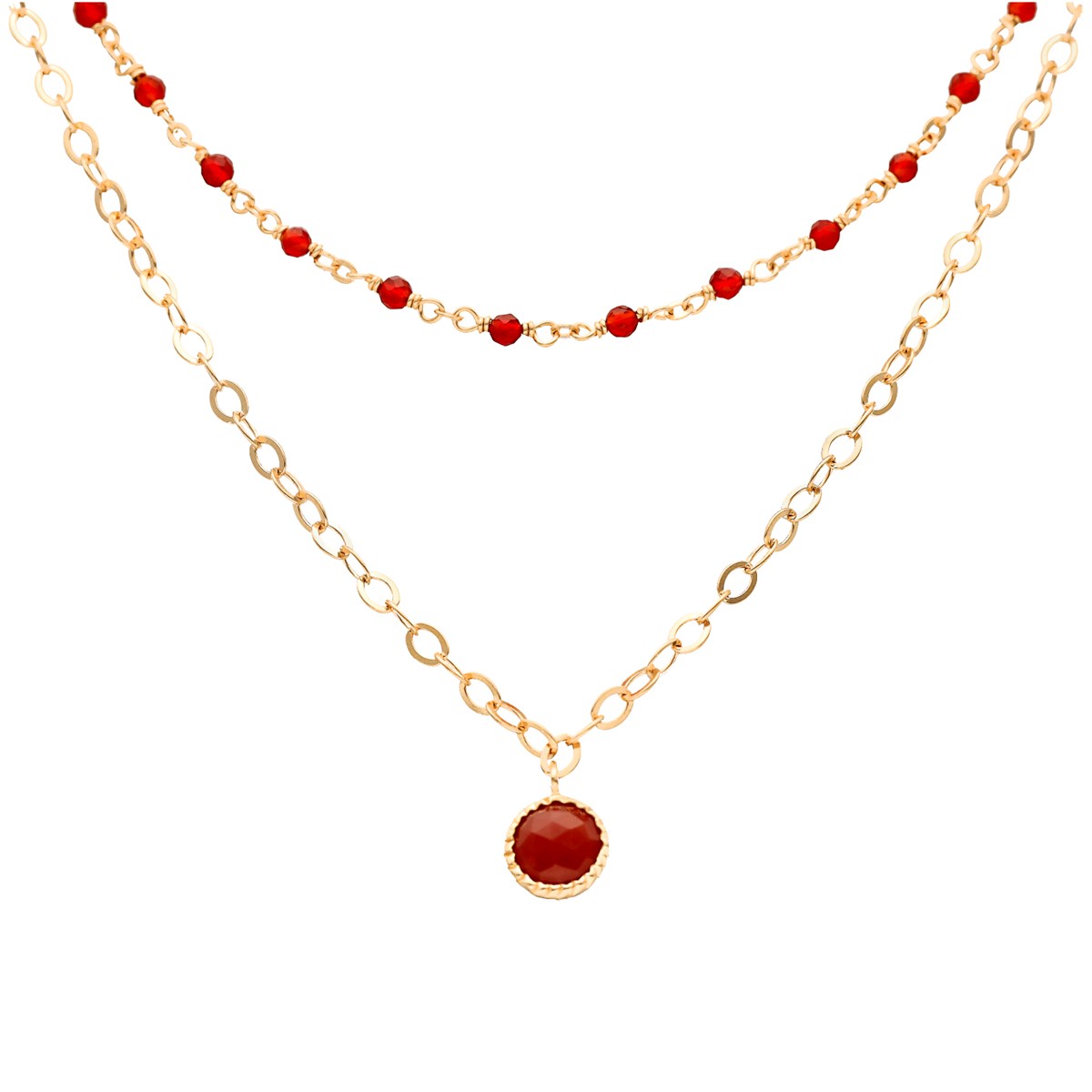 Collier Argent Doré Double Chaine Pampille Et Pierres Naturelles Rouge