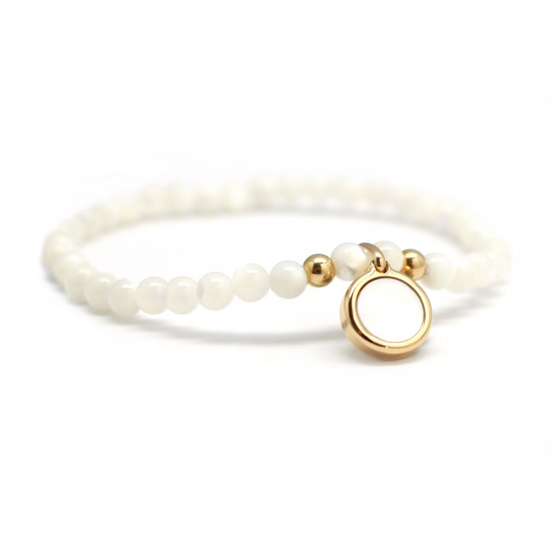 Bracelet perles pierre ronde nacre plaqué or - gravure COEUR