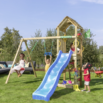 Speeltoestel Jungle Gym Cocoon grenen geïmpregneerd met glijbaan blauw en 2-schommel module