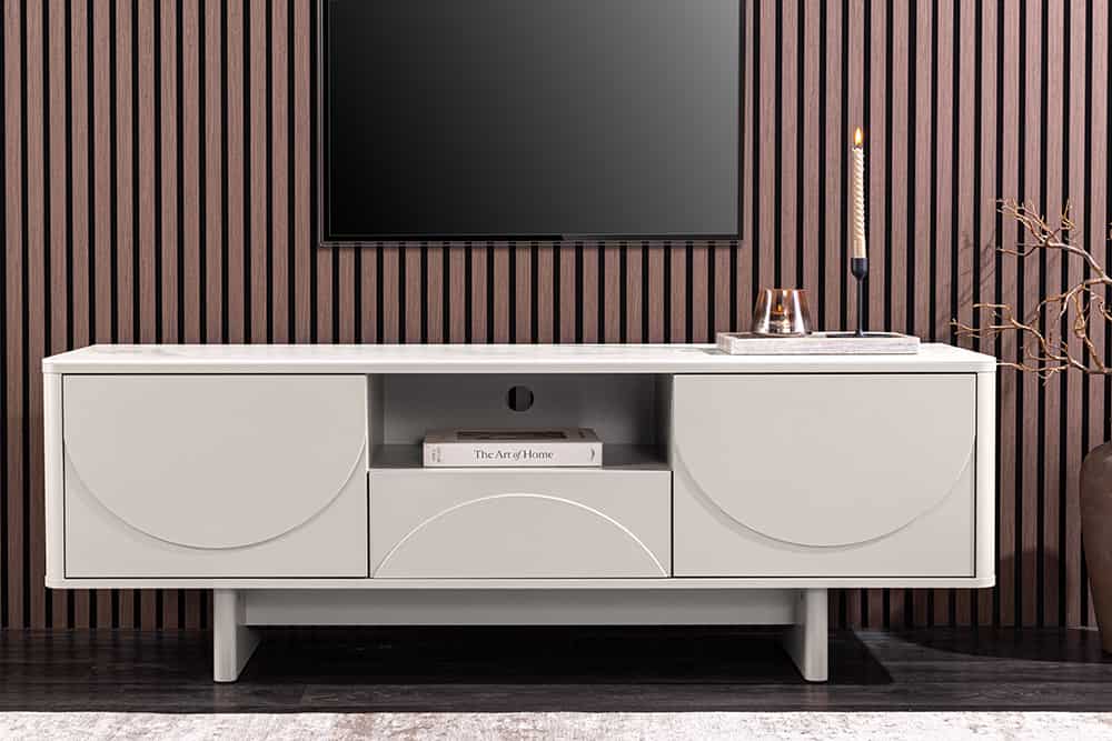 Design TV-Board SAVOY 150cm kaschmir weiß Marmor Keramik mit Stauraum und 3D-Front