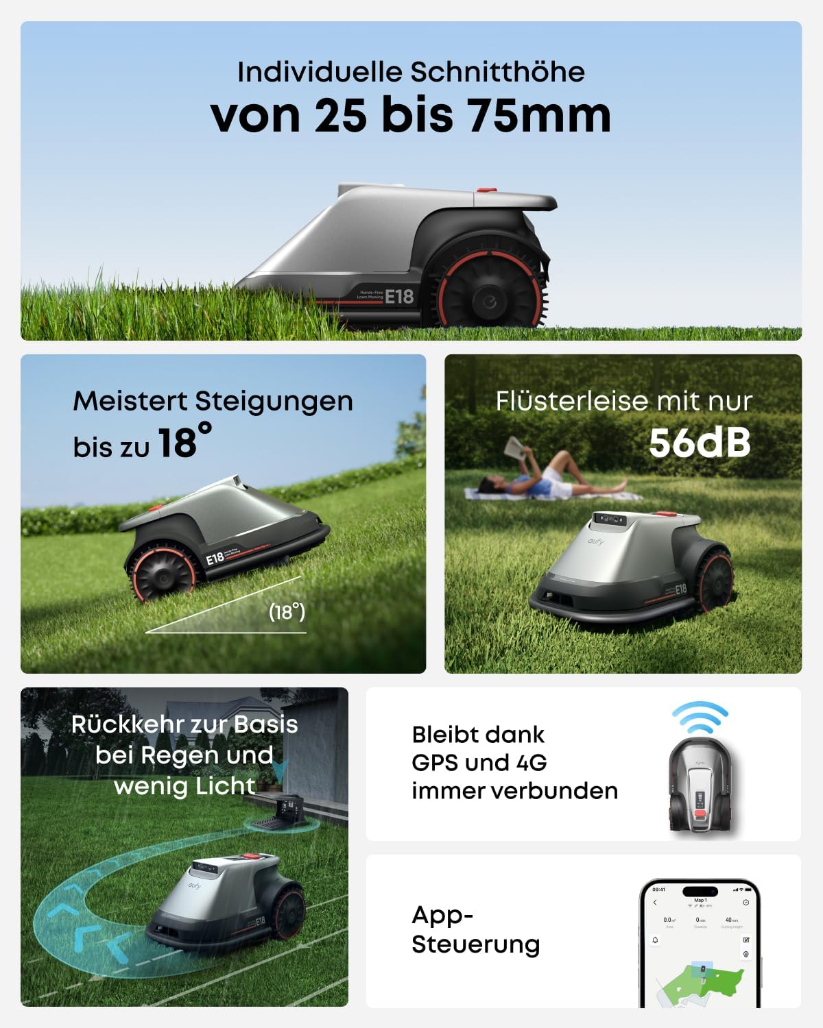 eufy E18 Mähroboter ohne Begrenzungskabel, Keine Signalausfälle, TrueVision Technologie, GNSS System, Garten bis 1200m², Präzisionsrandschnitt, Hindernisvermeidung, App-Steuerung (Generalüberholt)