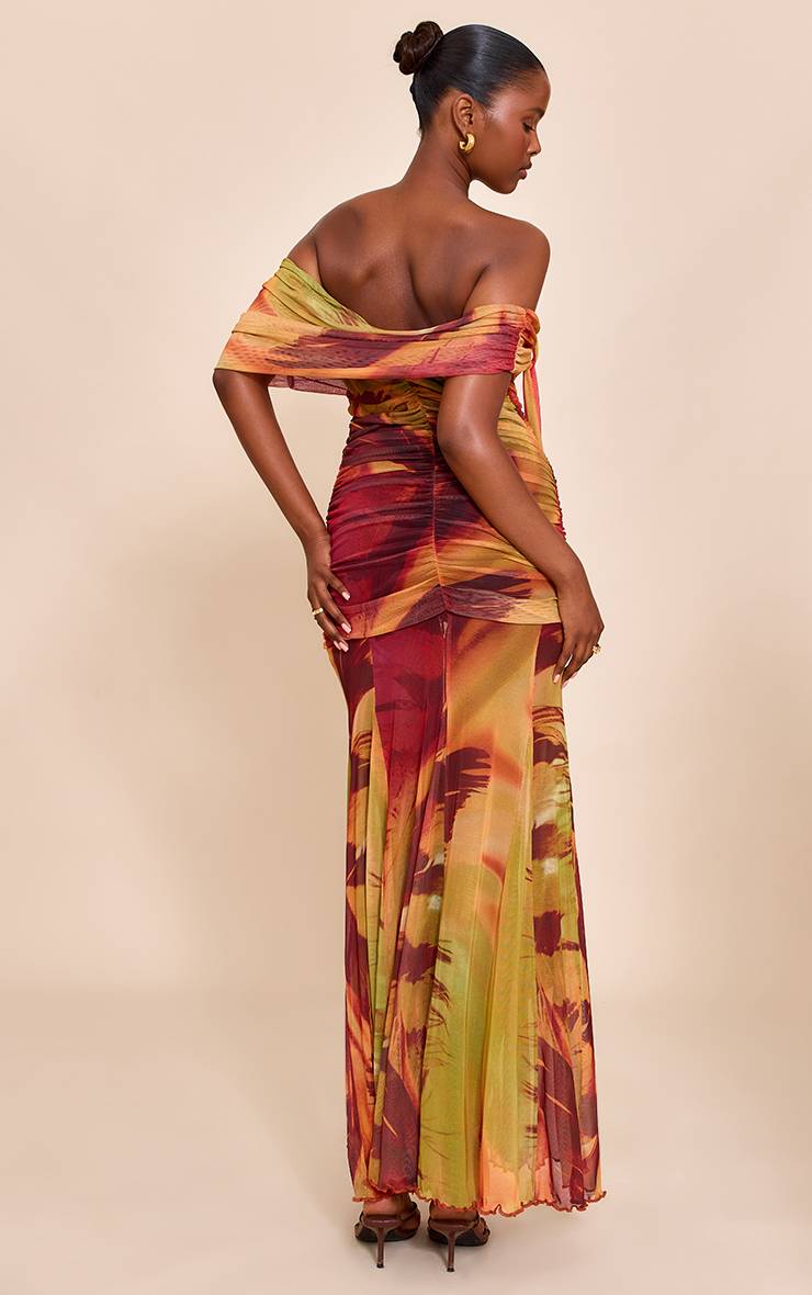 Orange Brûlé Robe Longue Bardot En Mesh Doublée