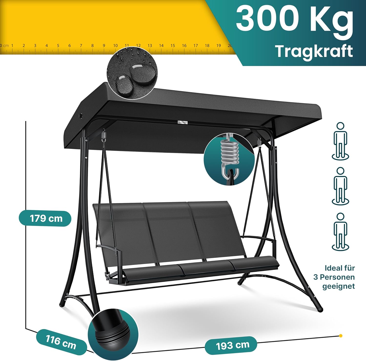 KESSER® Hollywoodschaukel mit Sonnendach 3-Sitzer & Sitzpolster-Auflage | Gartenschaukel bis 360kg belastbar | Gartenliege mit Anti-Rutsch-Füßen | Schaukelbank wasserabweisend für Outdoor & Indoor