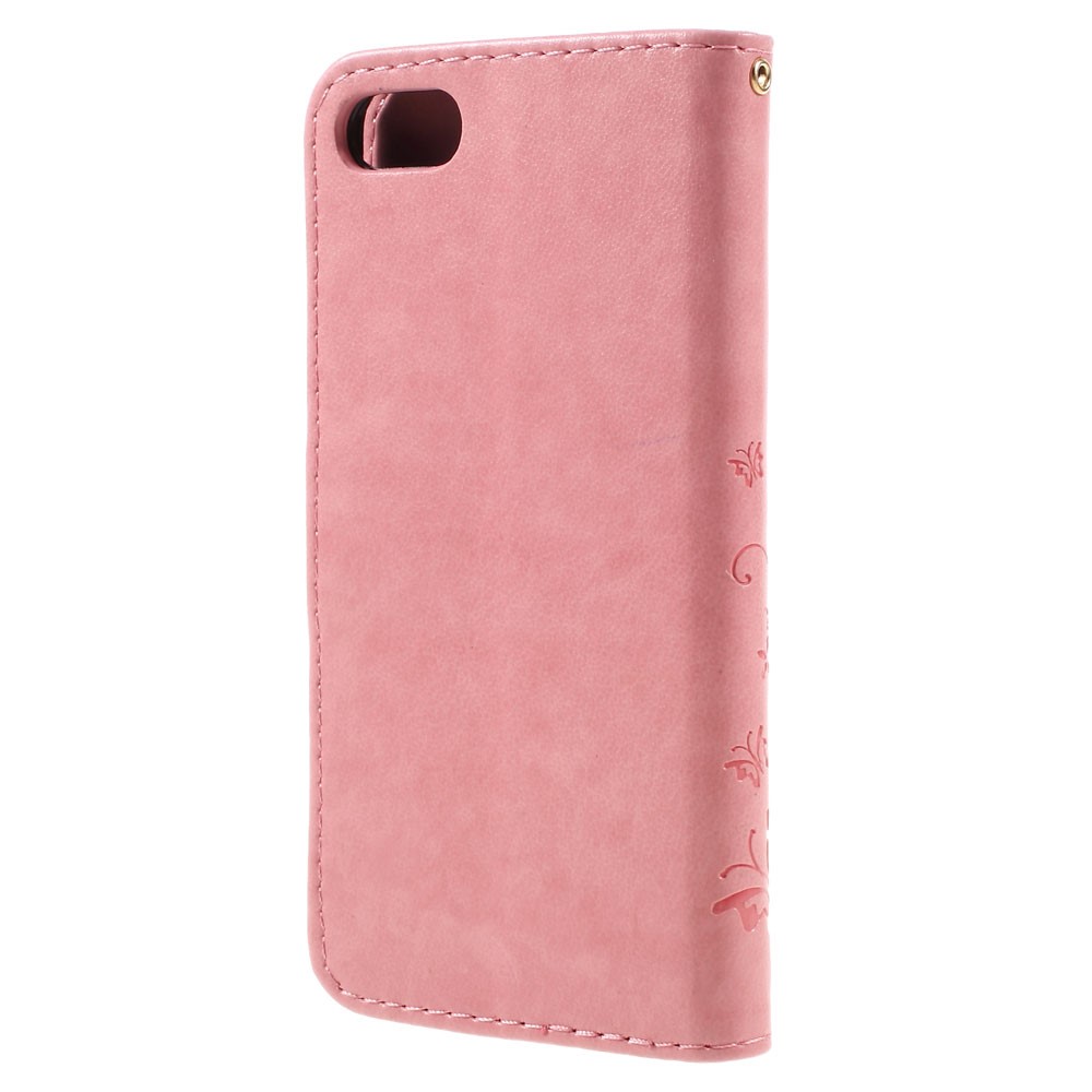 iPhone SE (2022/2020) / 8 / 7 Leder Tasche mit Kartenfach   Handschlaufe Butterfly Flowers - Rosa