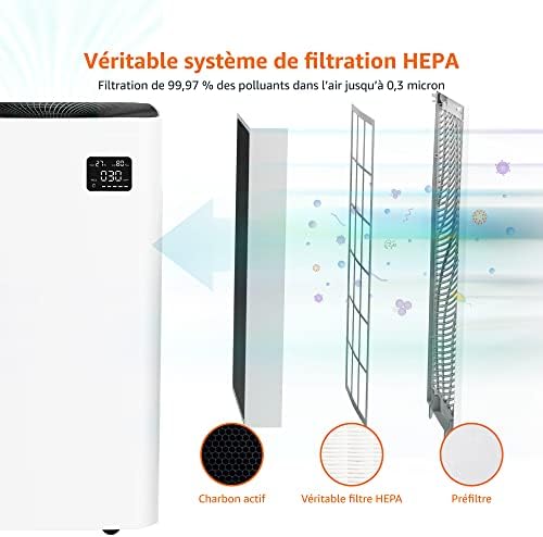 Amazon Basics   Purificateur d'air, Couvre jusqu'à 12 m², Filtres à air True HEPA et au charbon, CADR 100 m²/h, Élimine 99,97 % des allergènes (pollen, poussière, fumée), Prise européenne, Blanc : Cuisine et Maison