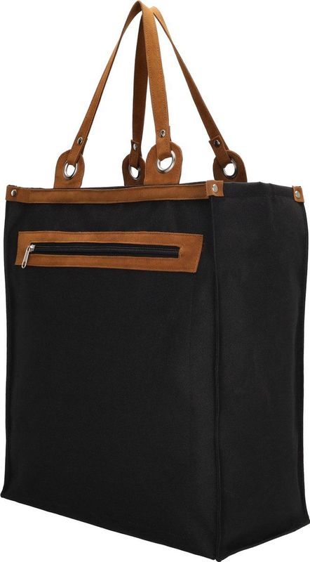 Boodschappentas - Zwart - Canvas - Met Echt Lederen Hengsel - 37 cm