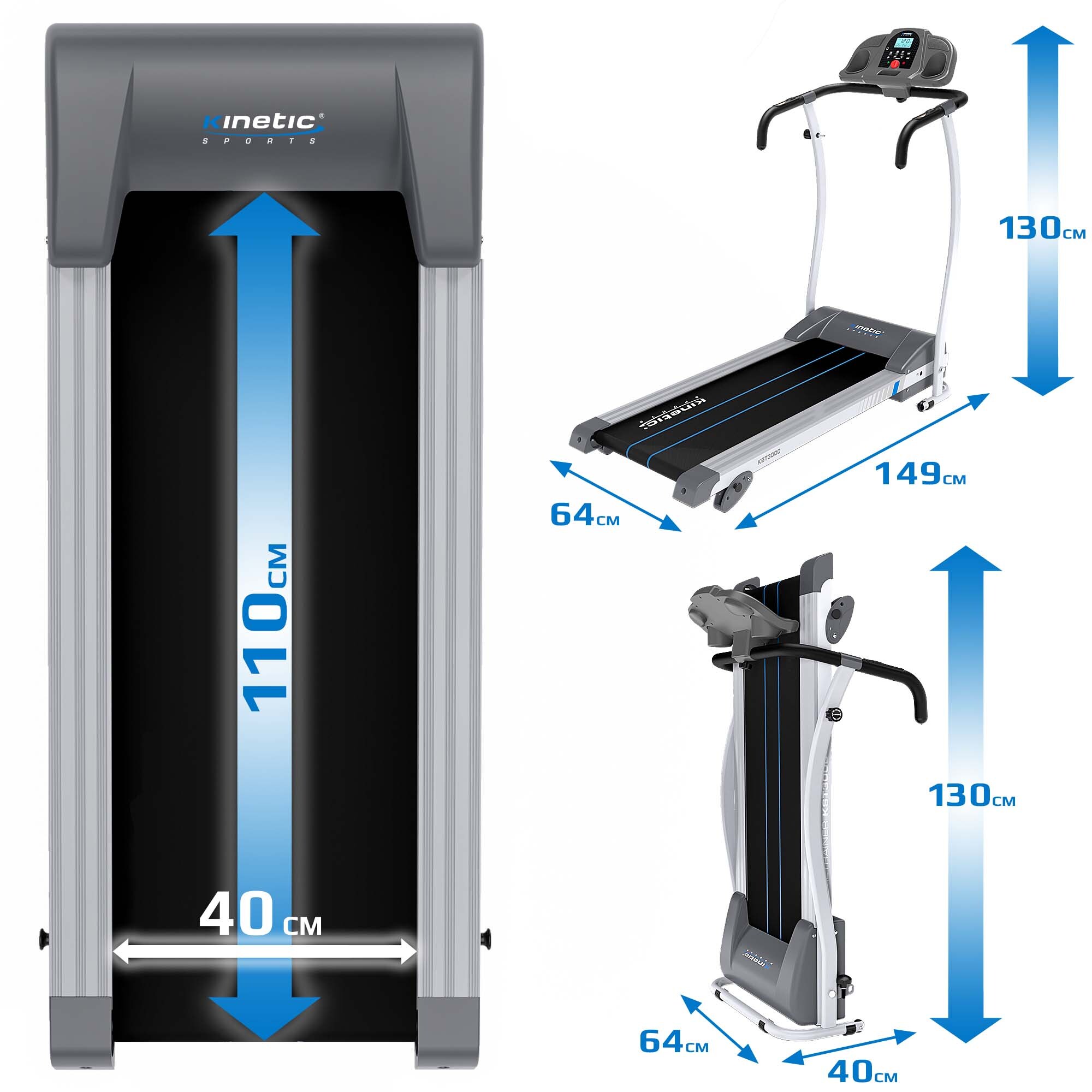KINETIC SPORTS Pro Laufband klappbar KST3000 mit großer Lauffläche - 1100W Motor, 12 Programme, Steigung für Geh- und Lauftraining, integrierte Lautsprecher, bis 12 km/h