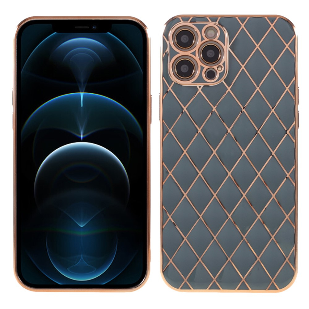 iPhone 12 Pro Gummi Case Hülle Galvanisierter Rahmen mit Rautenmuster - Blau / Roségold