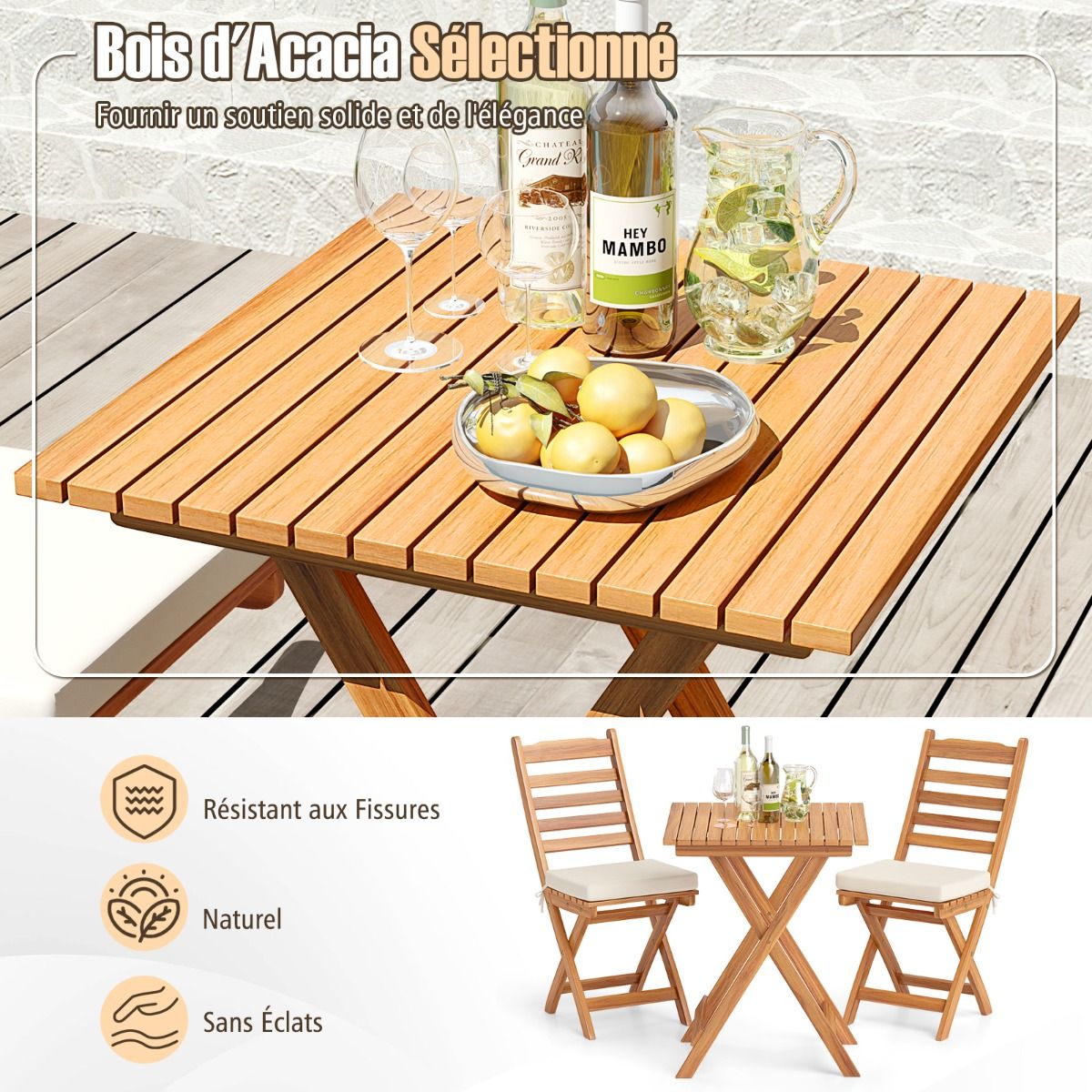 Ensemble Bistrot d'Extérieur en Bois d'Acacia Ensemble de Chaises Pliantes et Table Coussins de Siège Sans Accoudoirs à Dossier Haut Blanc - Lidl-Manfred