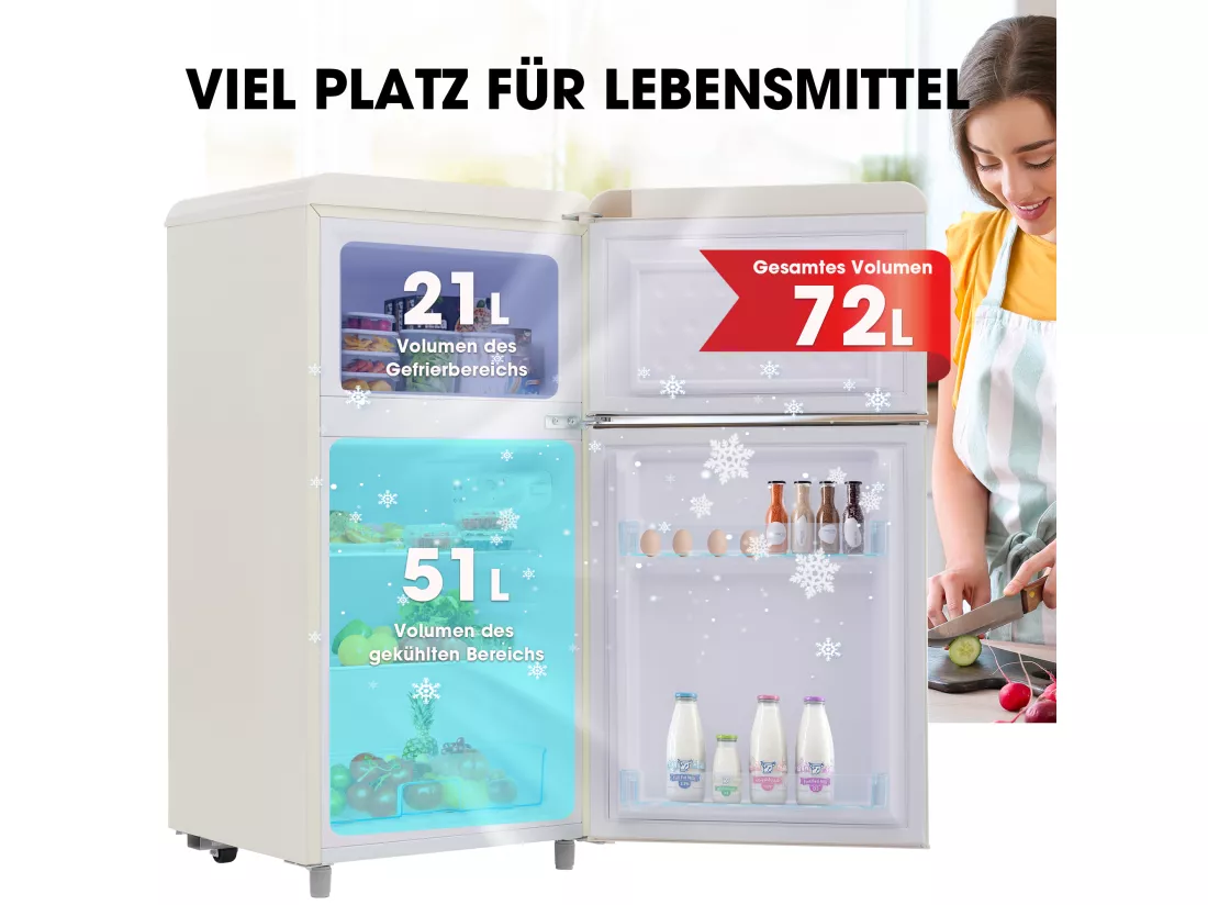 Réfrigérateur rétro, réfrigérateur à double porte supérieure et inférieure, volume total de 72 litres, avec volume de congélation de 21 litres, 120 kWh/an, éclairage LED