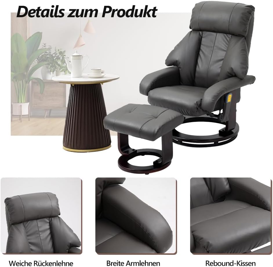 Mingone Fernsehsessel mit Hocker Massagesessel Relaxsessel mit Liegefunktion Elektrisch Wärmefunktion TV-Sessel für Wohnzimmer 360°Drehbar Kunstleder,Grau