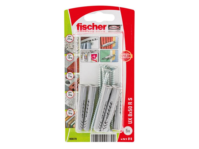 Fischer Universaldübel  UX 8 x 50 R S mit Rand, 5 Stück Universelle Nylondübel mit Rand und mit Schraube