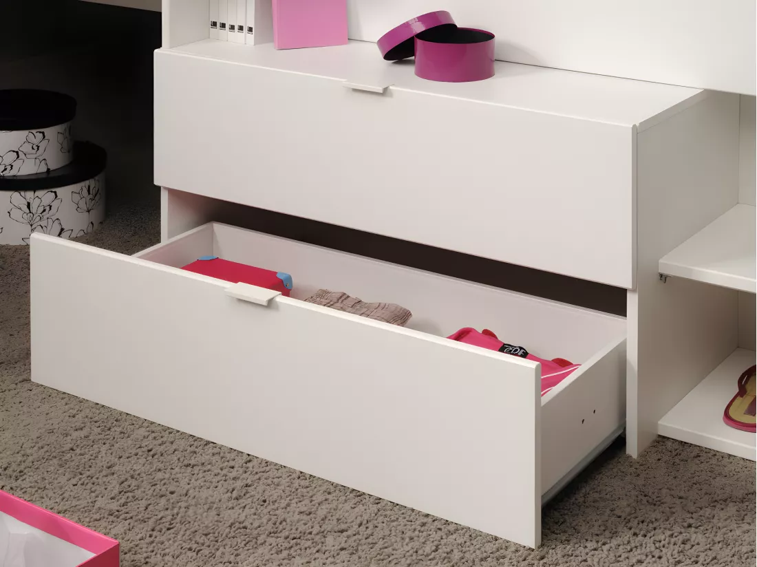 Lit avec bureau et rangements - 90 x 190/200 cm - Blanc et naturel - GISELE