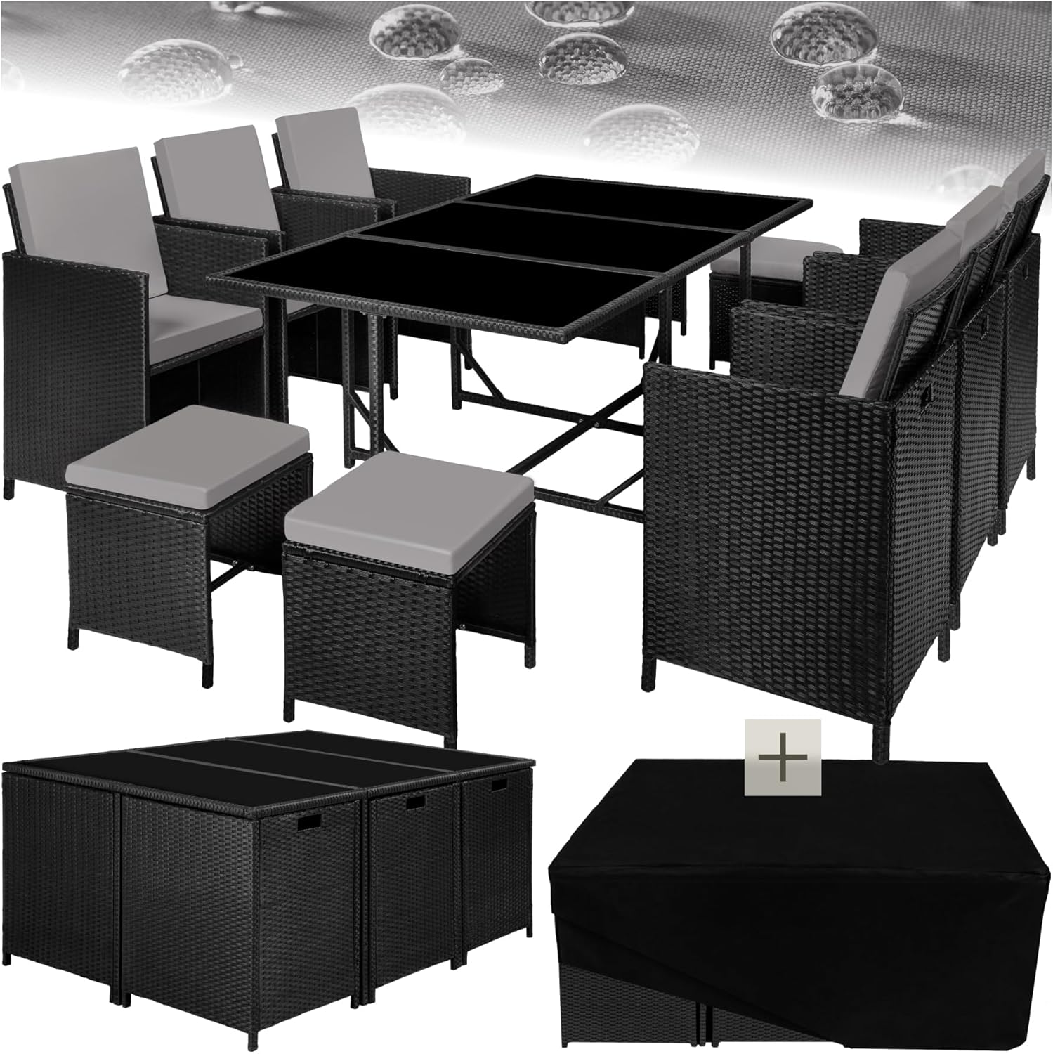 tectake® Outdoor Balkon Gartenmöbel Set, Lounge mit 6 Stühlen, 4 Hocker und 1 Tisch, Poly Rattan Geflecht, wetterfest, platzsparend - schwarz/grau
