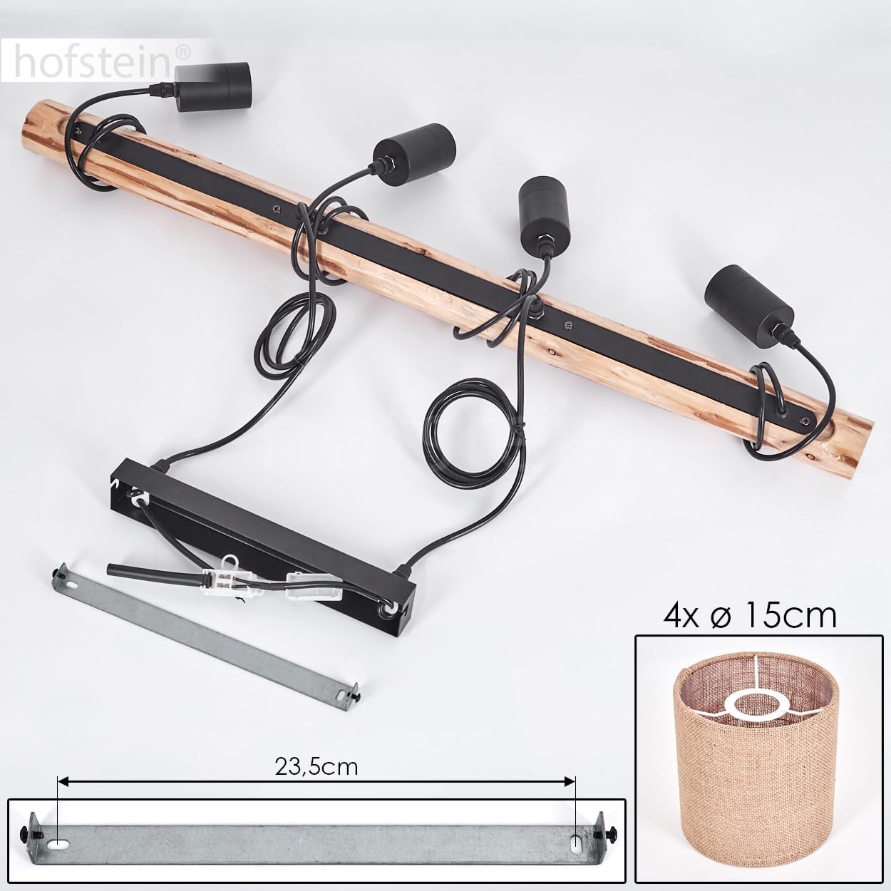 HOFSTEIN Pendelleuchte Soungou, moderne Hängelampe aus Holz/Metall/Leinen in Natur/Schwarz/Beige, 4-flammige Hängeleuchte im skandinavischen Design, Höhe max. 180 cm, E27, Wohnzimmer, Esszimmer, Küche