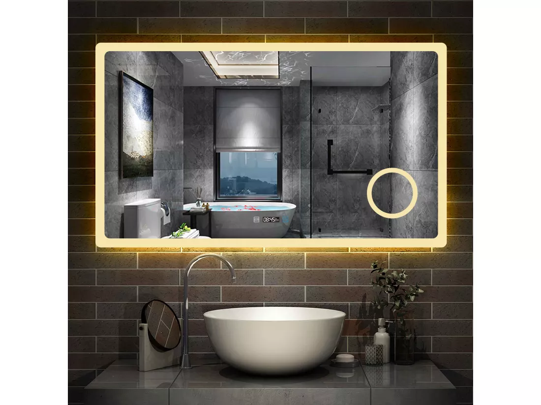 Miroir salle de bain 140x80cm avec 3 couleurs+dimmable+anti-buée+grossissant+Horloge Aica