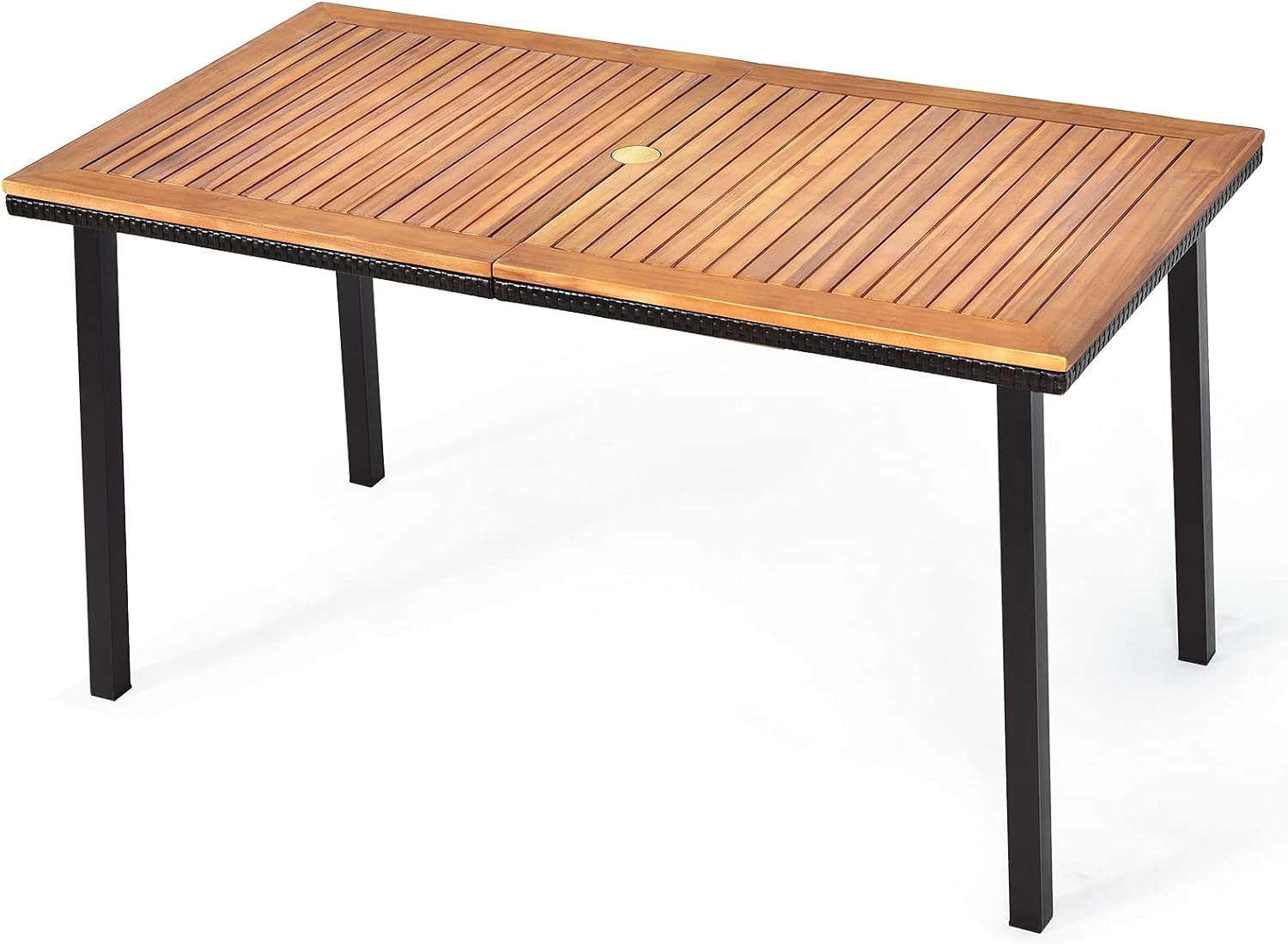 COSTWAY Gartentisch mit Schirmloch, 140x75x76cm, Esstisch für 6-8 Personen, Terrassentisch mit Tischplatte aus Akazienholz, rechteckiger Holztisch mit Metallrahmen