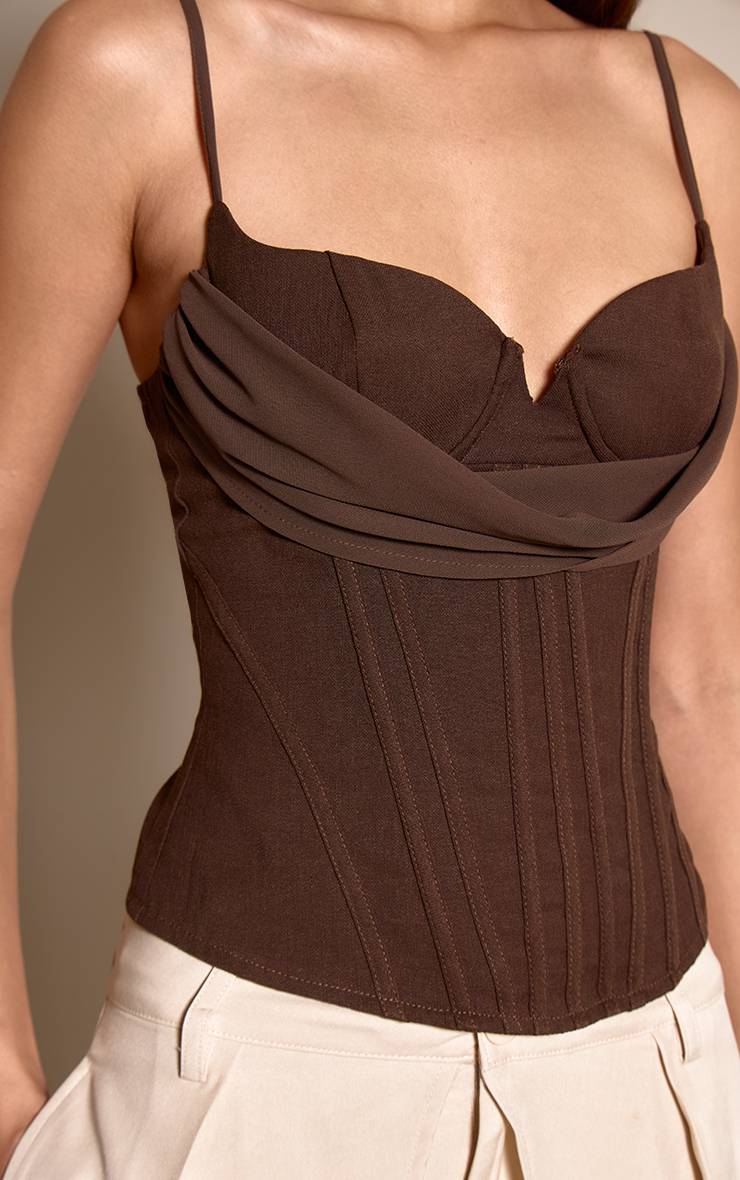 Dark Chocolate Corset Tissé À Détail Superposé Sur Le Buste