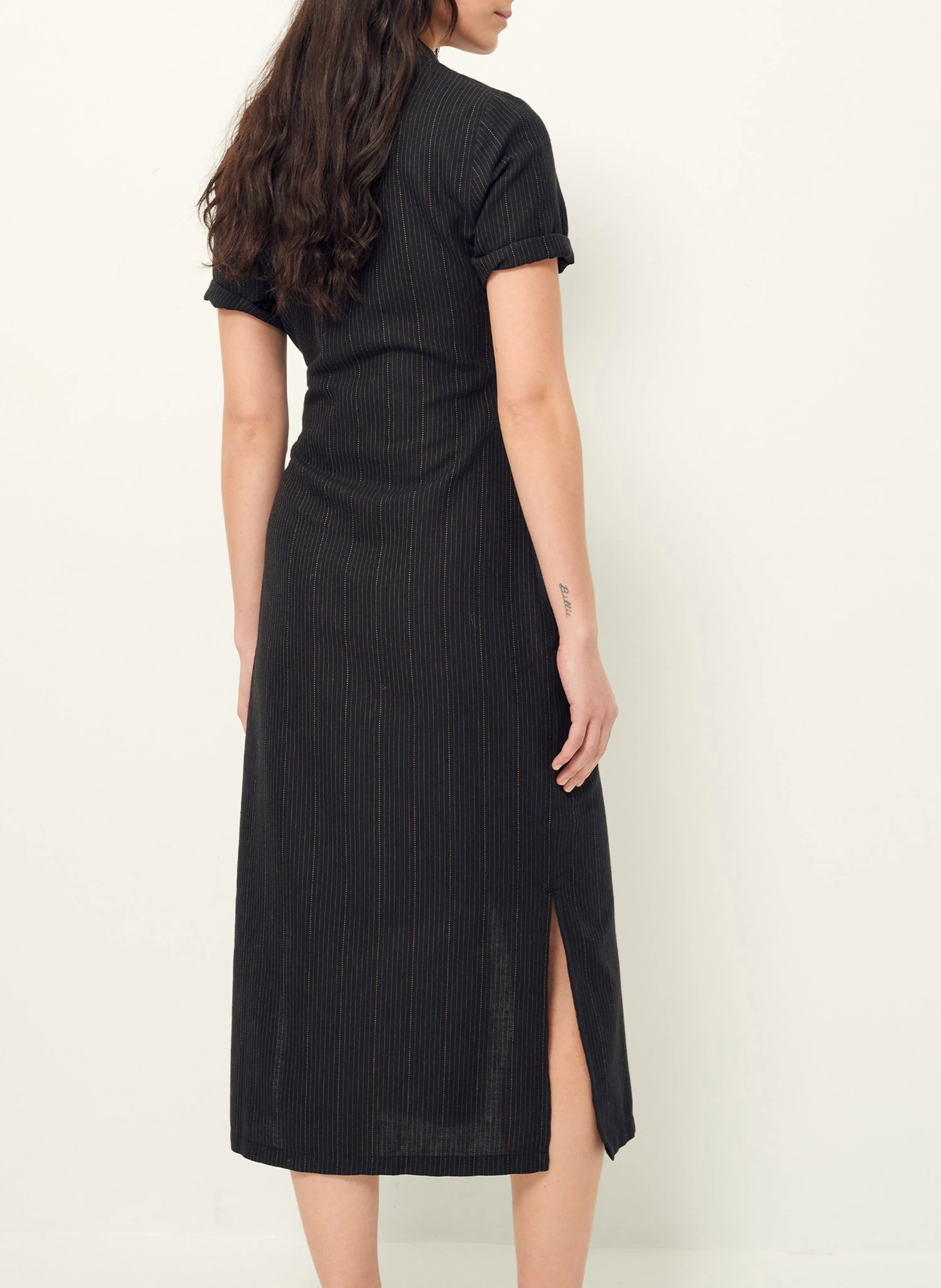 CHRISTIANA - Robe chemise midi rayée en coton et laine | Noir
