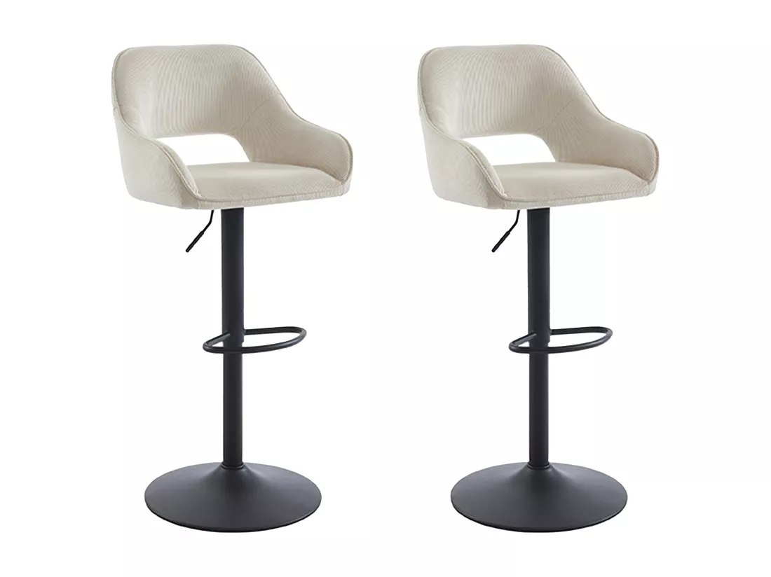 Lot de 2 tabourets de bar en velours côtelé et métal noir - Hauteur réglable - Crème - ZINEA