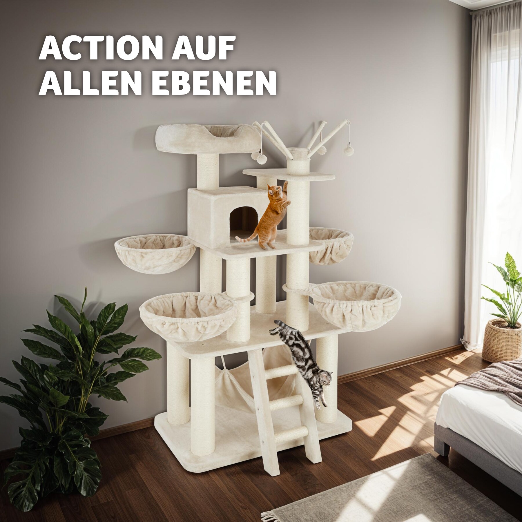 tectake® Kratzbaum, 195 cm, mit Katzenhaus, inklusive Treppe, 4 Spielbällen und Kippschutz