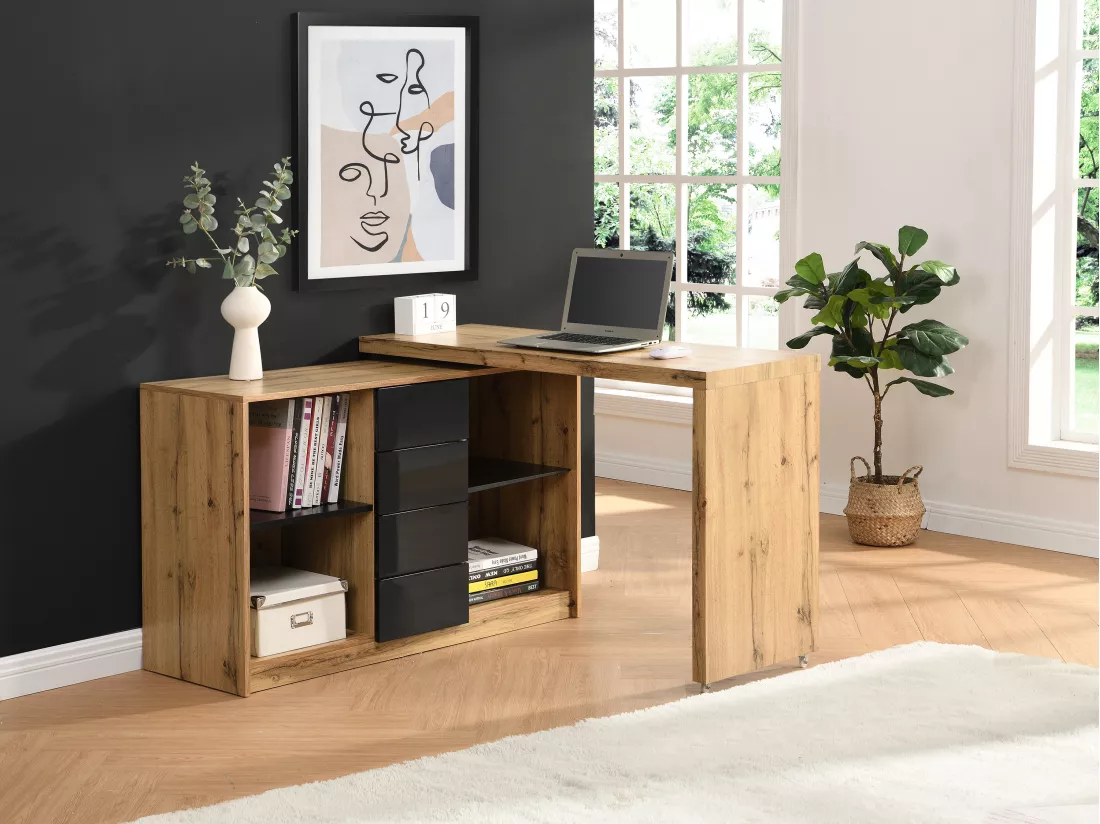 Bureau extensible avec plateau pivotant 360° - MDF - Naturel et noir - PAVELO