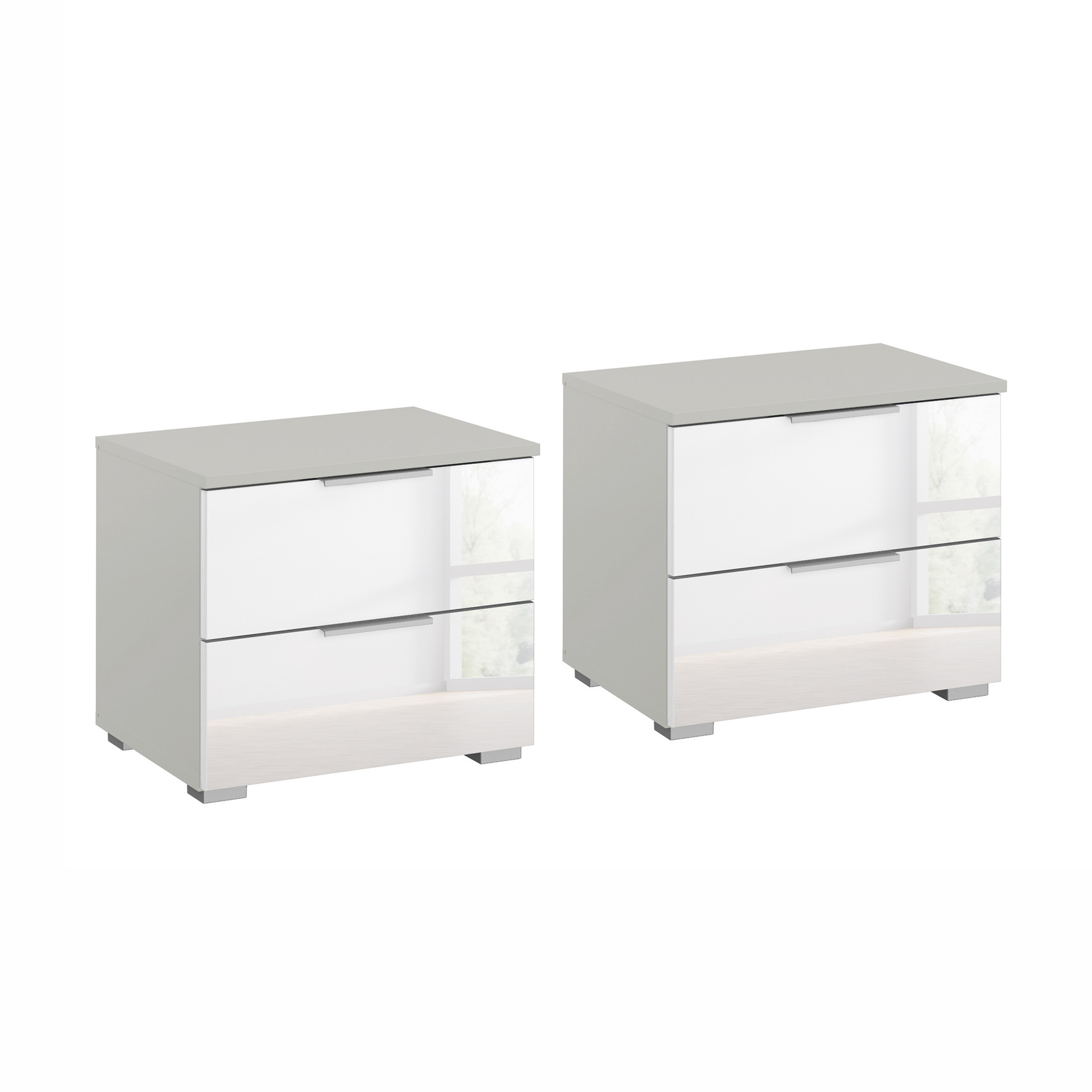 2er-Set-Nachttisch - weiß Hochglanz-seidengrau - 2 Schubkästen - 47 cm