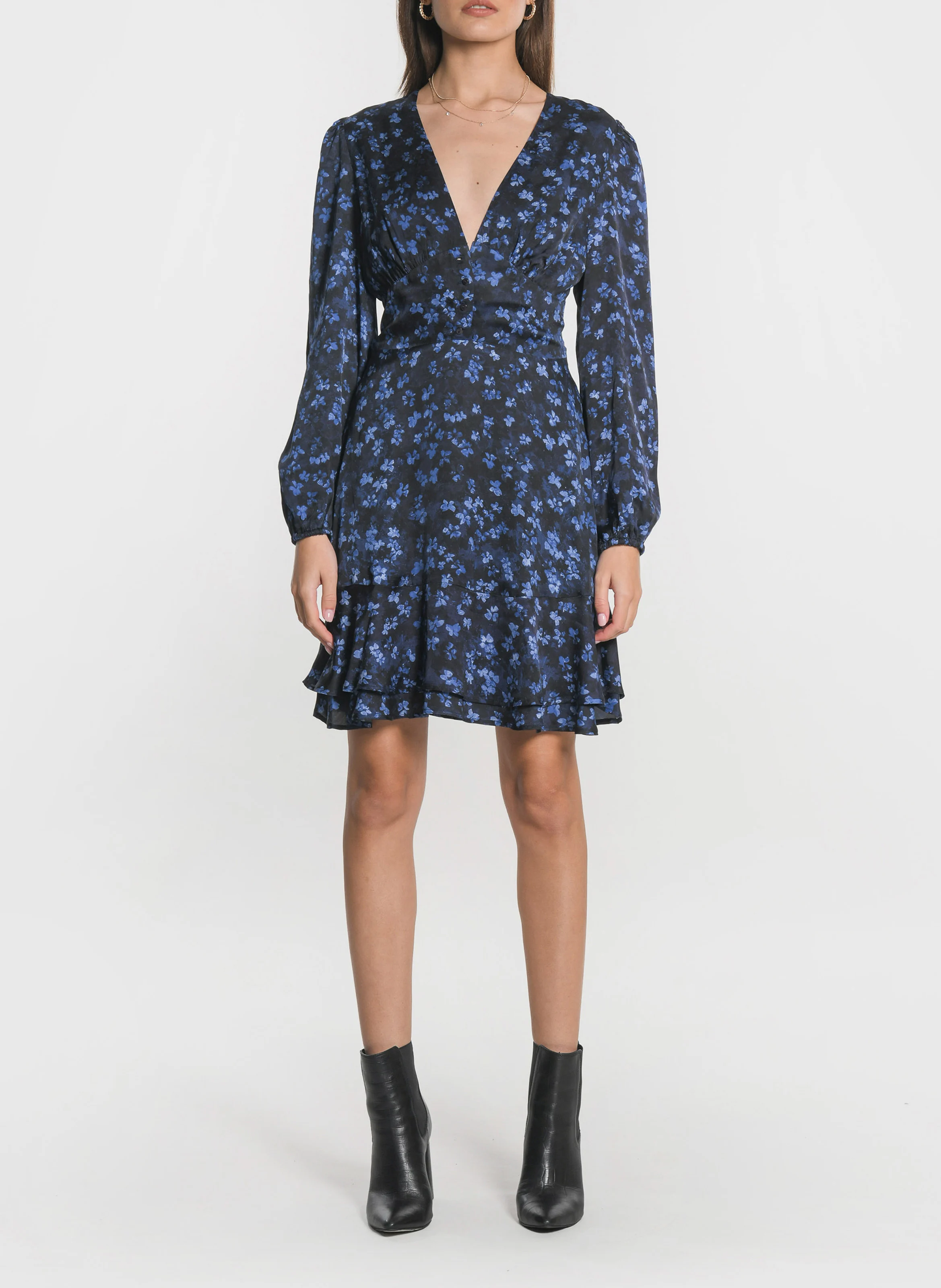 CAMILLE - Robe courte col V à imprimé fleuri | Bleu