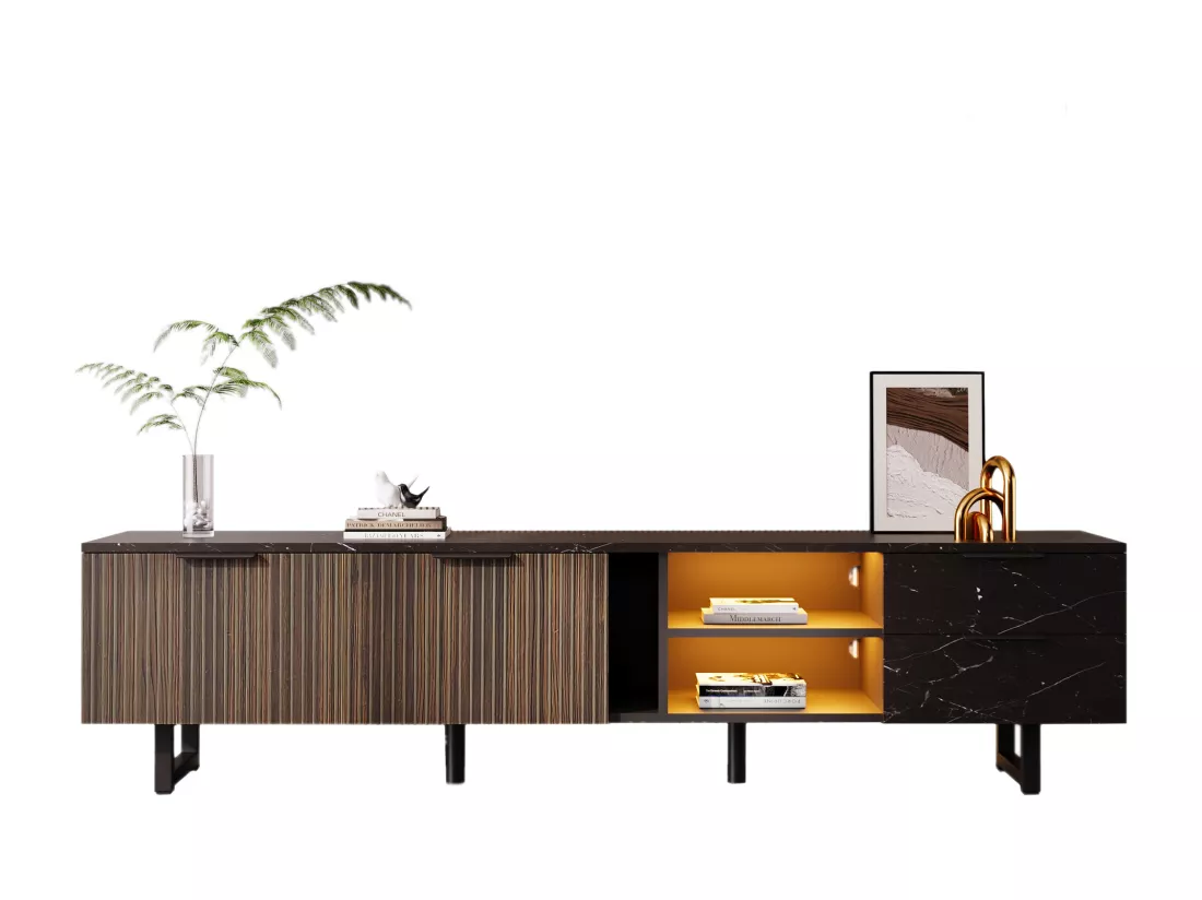 Meuble TV avec 2 portes, 2 tiroirs et 2 niches - 200 x 38 x 50 cm - LEDs - Bois MDF - Noir + bois
