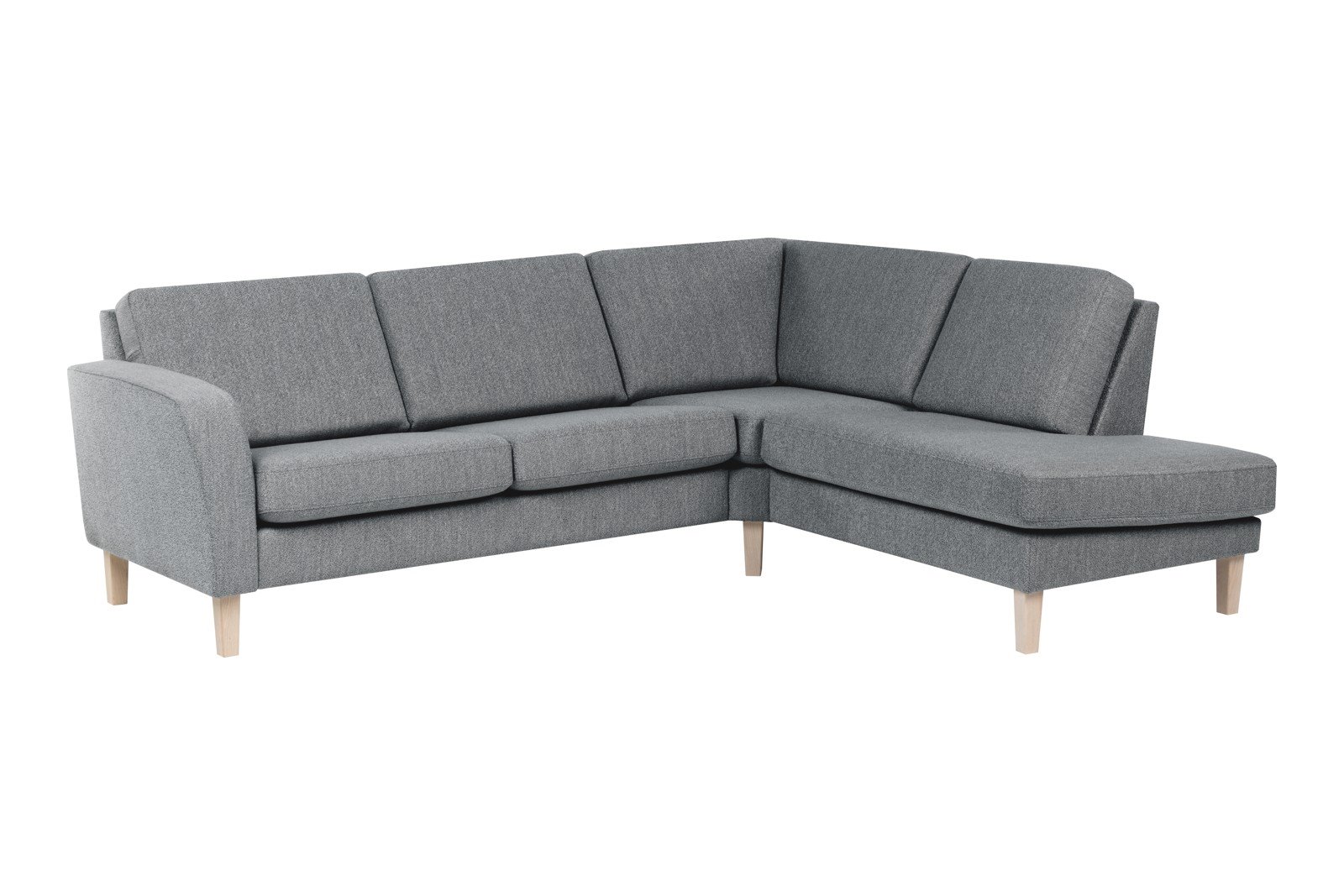 Slogen hjørnesofa Oppsett AH. 2,5-seter med åpen ende høyre. Tekstil Viva Grey med standard ryggpute. Vange A og hvitpigmentert ben 178.