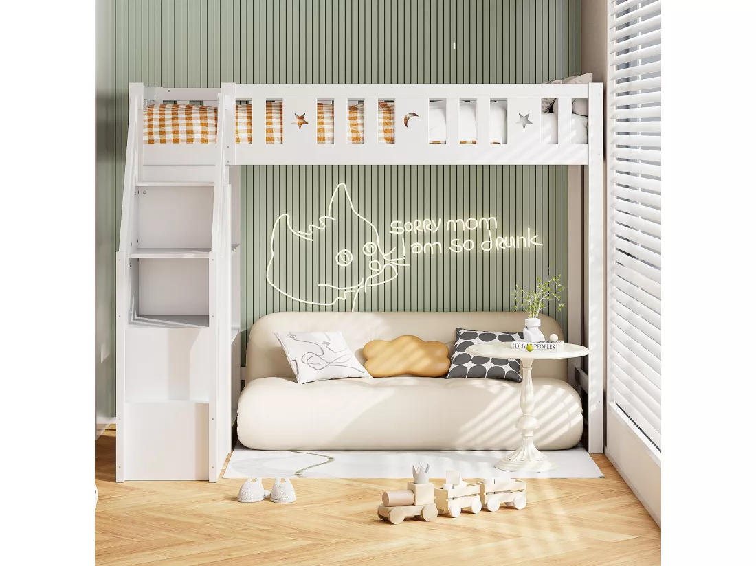 Lit mezzanine 90x200 cm - avec étagères et échelle de rangement - en bois massif - Blanc