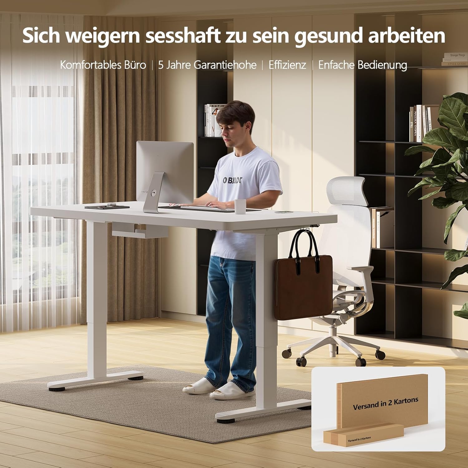 Höhenverstellbarer Schreibtisch, 180x80cm, Elektrisch Stehschreibtisch mit Dualmotor, Touchscreen,USB-A & Kabelmanagement,25mm Einteilige Tischplatte,ergonomischer Bürotisch, Weiß