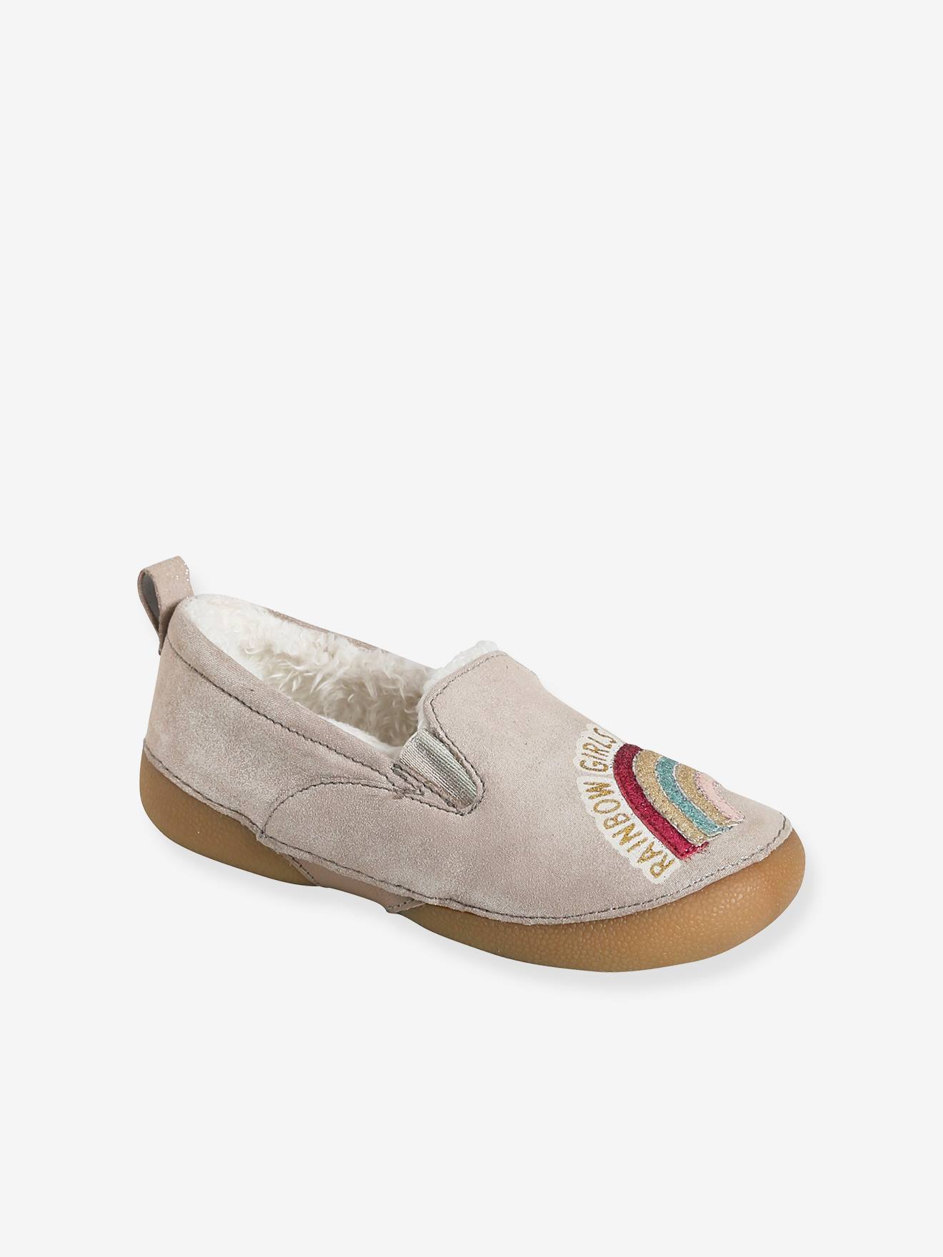 Pantufas de couro com forro e elástico, para meninas, bege metálico claro