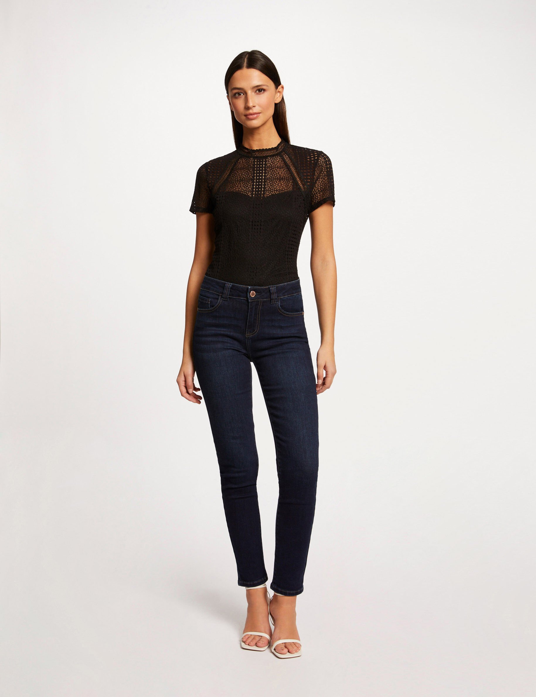 T-shirt manches courtes à dentelle noir femme - noir