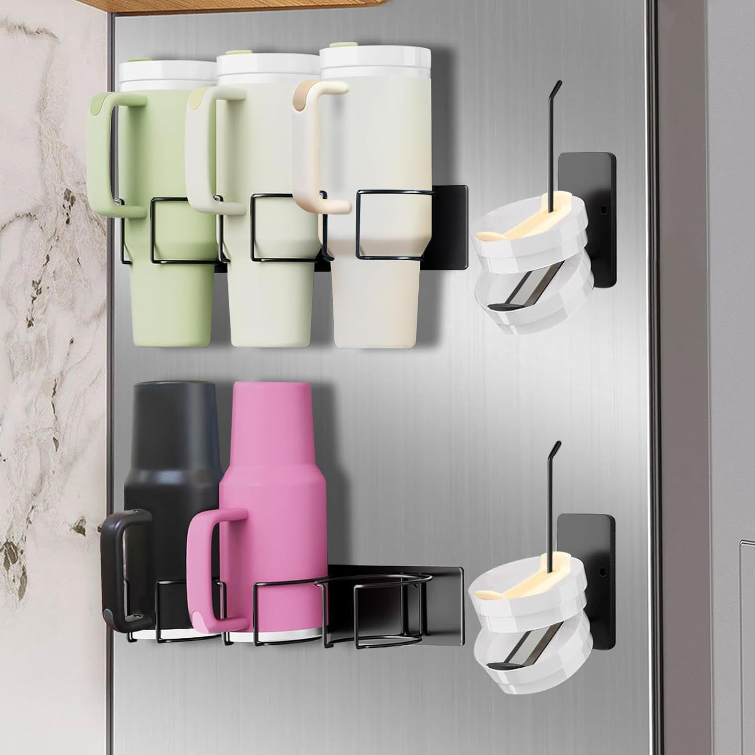 (2-tlg. Set) Magnetische Edelstahl Wand Halterung Küchen Organizer für Stanley Cup Thermo Becher / Deckel - Schwarz