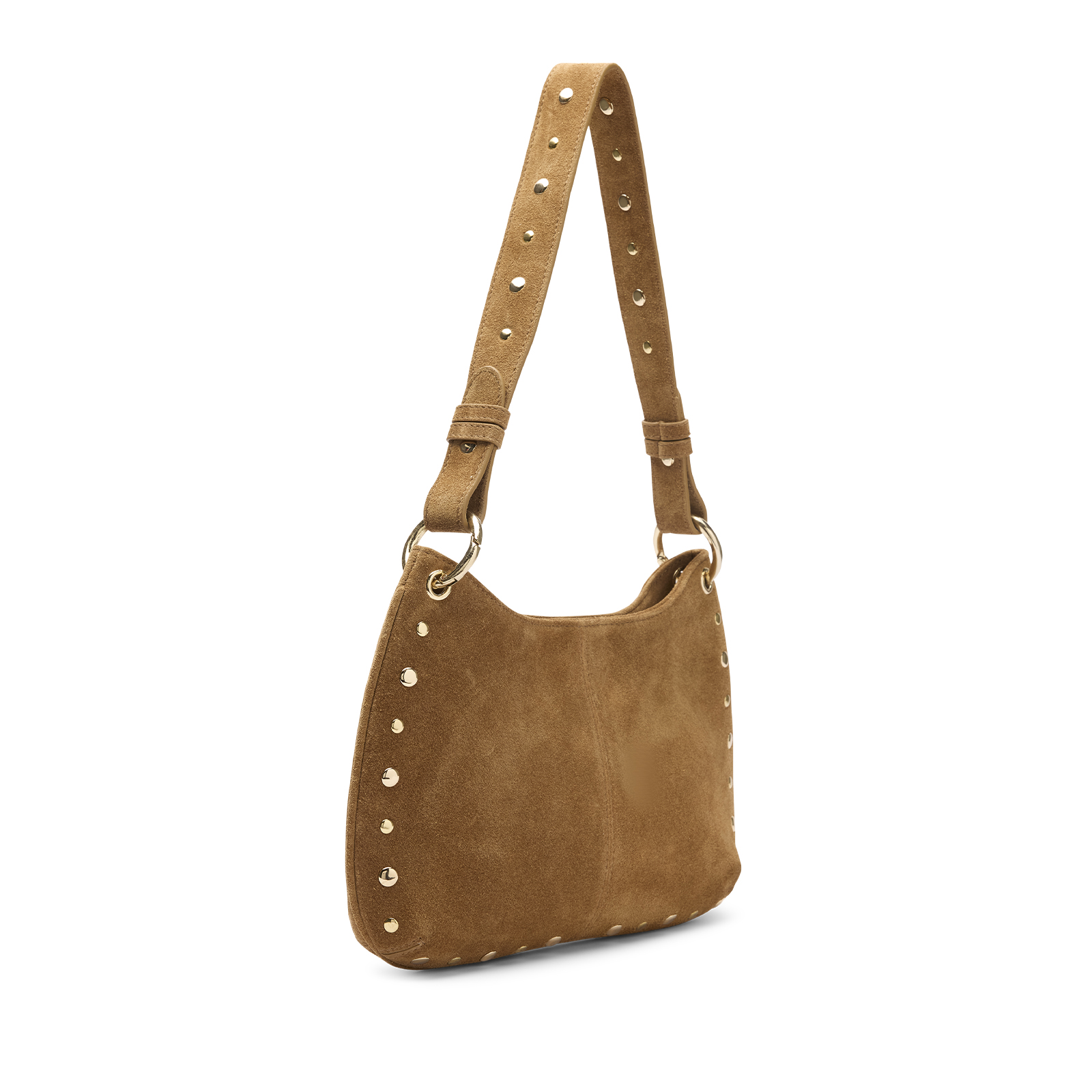 Cognac suède schoudertasje met gouden studs