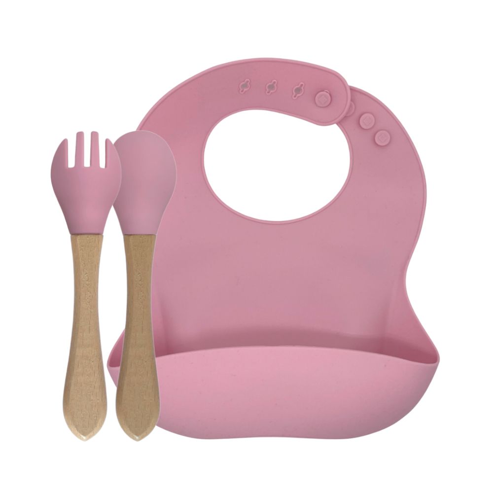 green-goose Silikon-Lätzchen und Bambusbesteck - Rosa