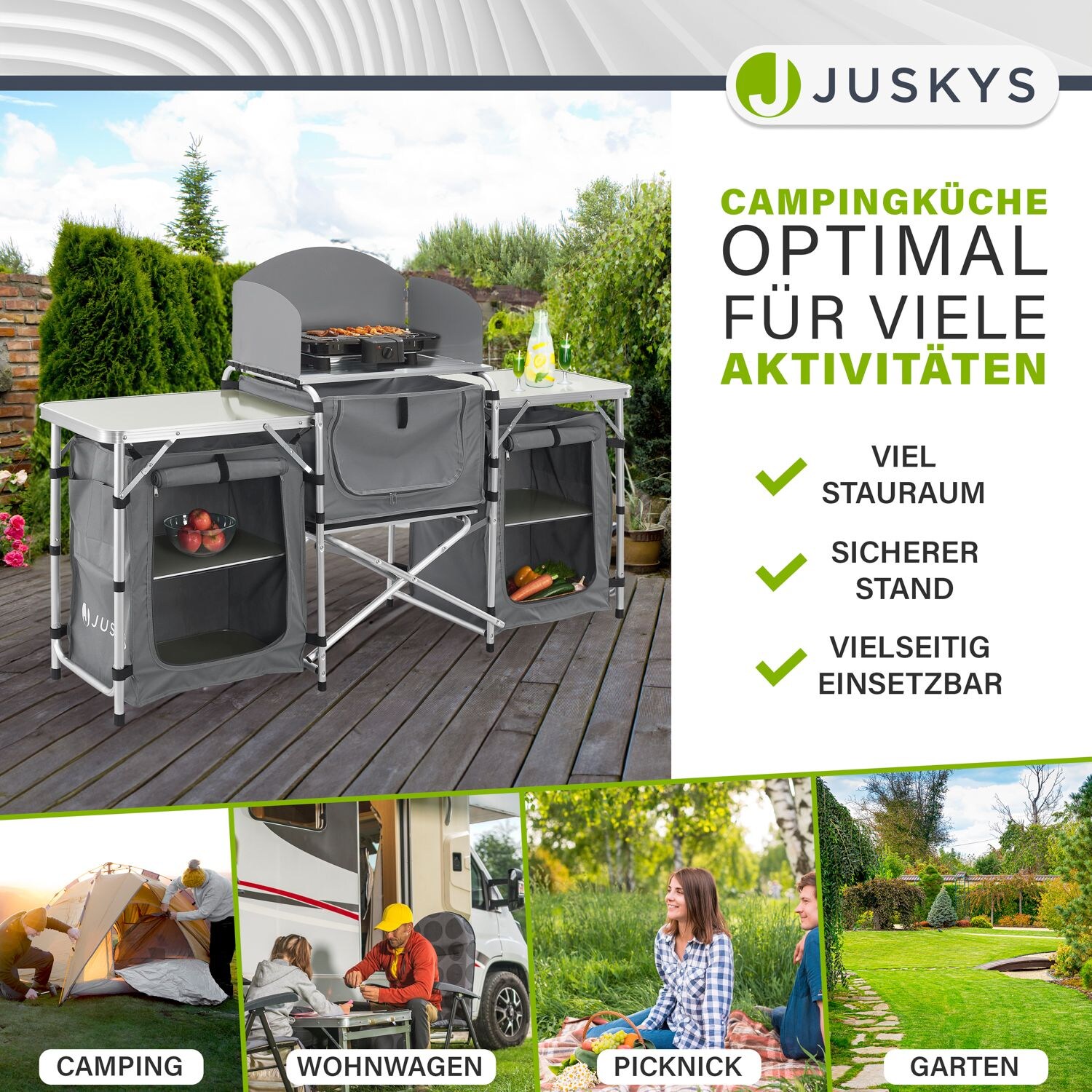 Juskys Campingküche Garda - Outdoor Küche faltbar mit Schrank - klappbare Küchenbox in Grau
