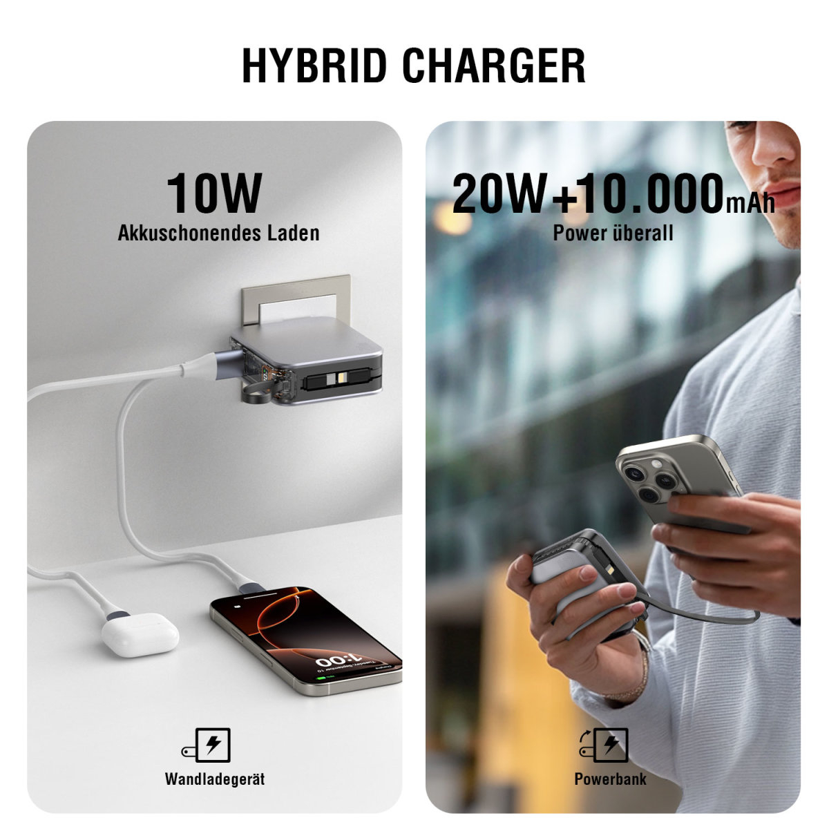 (20W) 10000mAh USB A / USB C Powerbank Fast Charge Ladegerät inkl. USB C / Lightning Ladekabel   Weltreise Adapter (541287)