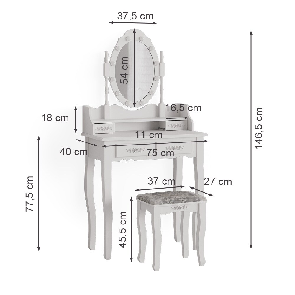 Vicco Schminktisch Frisiertisch Kosmetiktisch Maggie Weiß Schminkspiegel Hocker 75x147 Barock LED Beleuchtung Schlafzimmerkommode Schminkkommode Schublade Aufbewahrung Frisierkommode Make-Up-Tisch