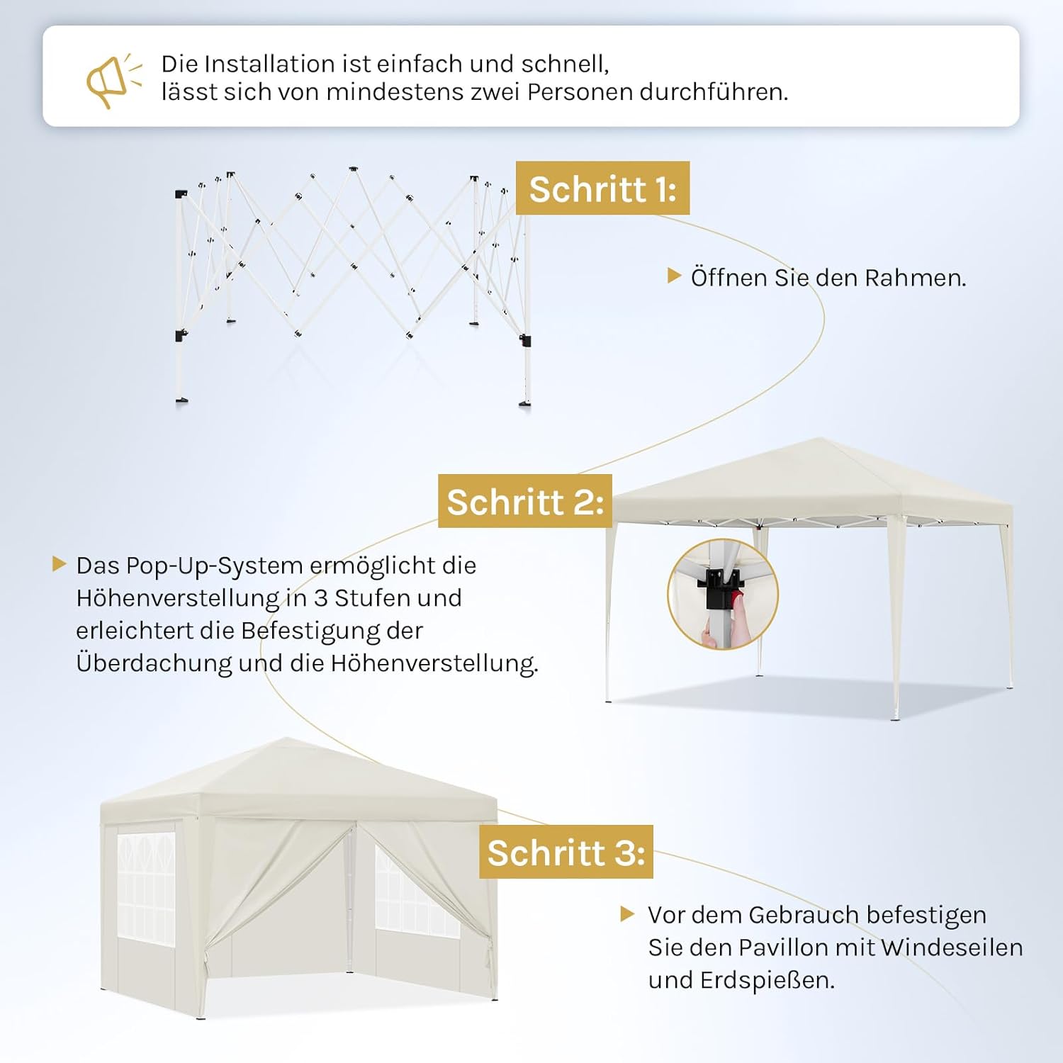 Laneetal Pavillon 3x3 m faltbar, Pop-Up Faltpavillon wasserfest Winterfest, Grillpavillon stabil, Gartenpavillon mit Seitenwänden Fenstern Tasche, für Camping Strand Garten, Beige