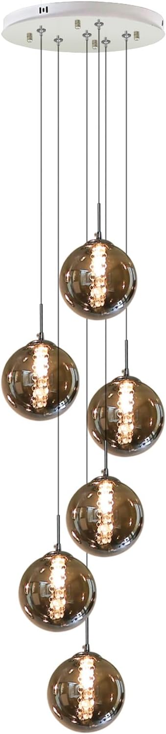 Pendelleuchte esstisch Pendellampe Höhenverstellbar kugel Hängeleuchte 6-Flammig aus Glas in Farbe Grau Küchen Wohnzimmerlampe Schlafzimmerlampe Flurlampe