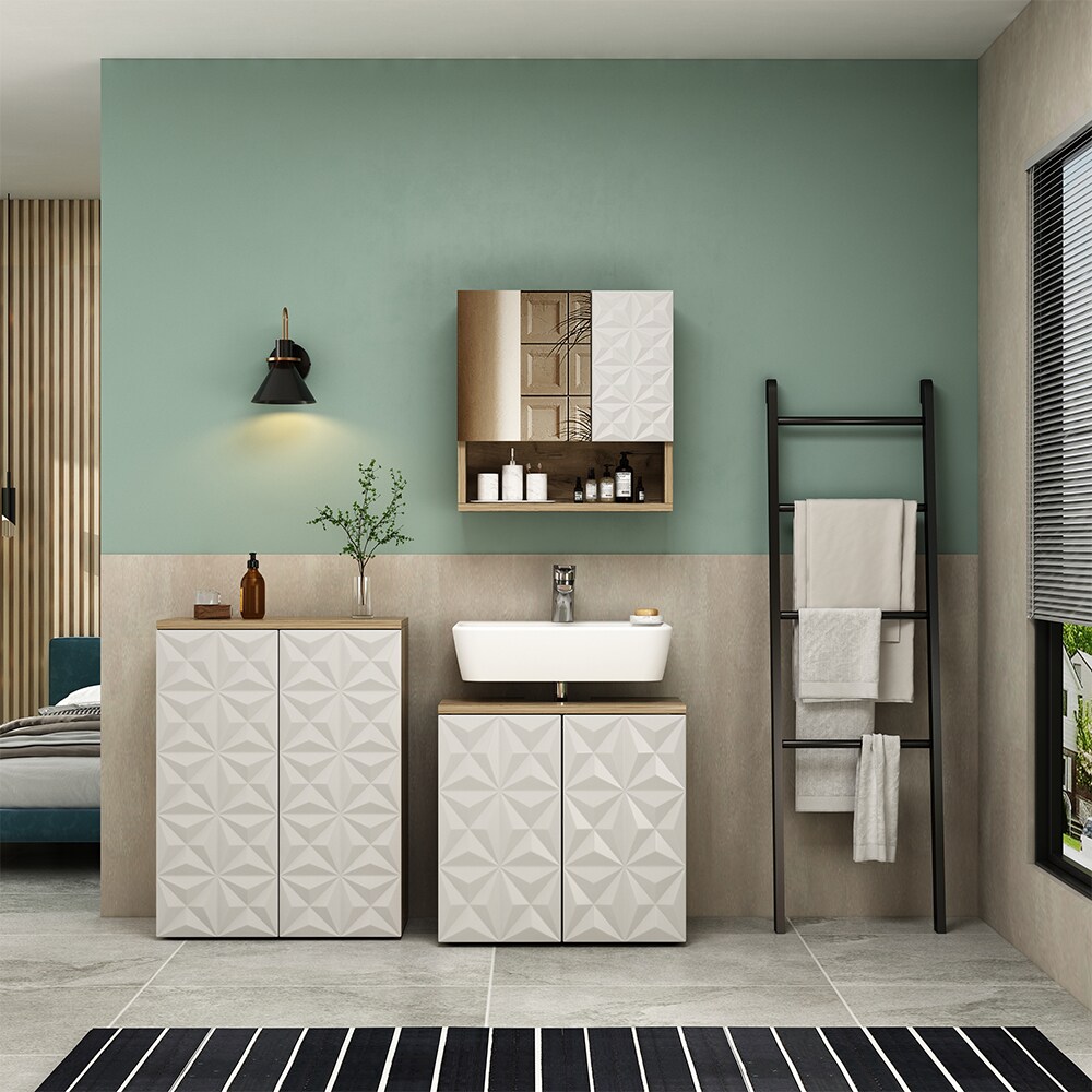 Vicco Badmöbel-Set Badezimmer-Möbel Bad-Schrank Edge Eiche Weiß modern Badezimmerschrank Waschbeckenunterschrank Spiegelschrank Badezimmerkommode
