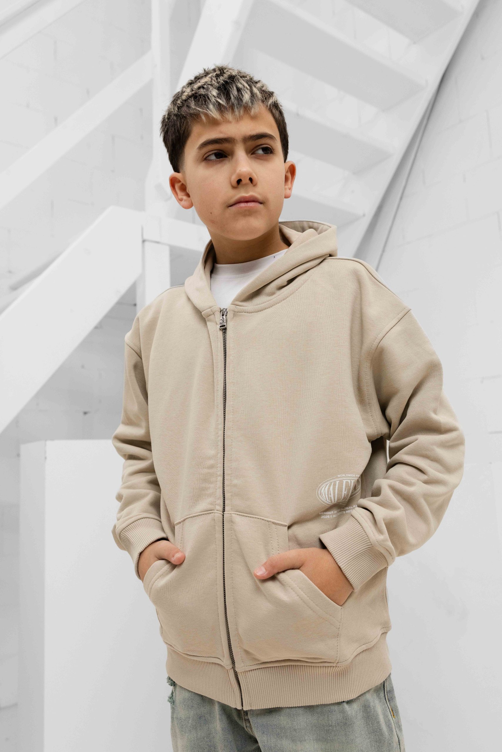 Malelions Relaxed Lifestyle Zip Hoodie Kids Beige
