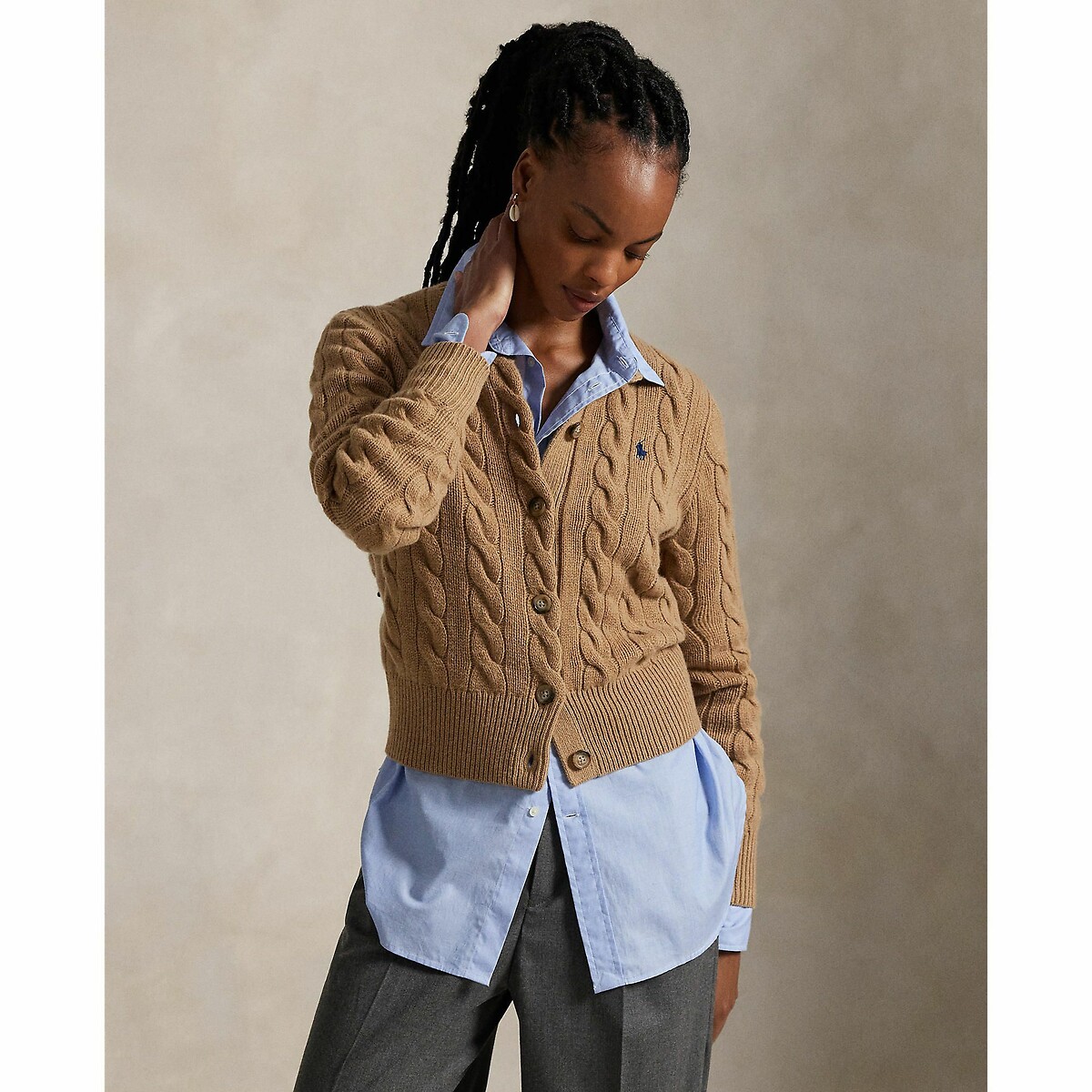 POLO RALPH LAUREN<br>Cardigã de malha trançada em lã e cashmere