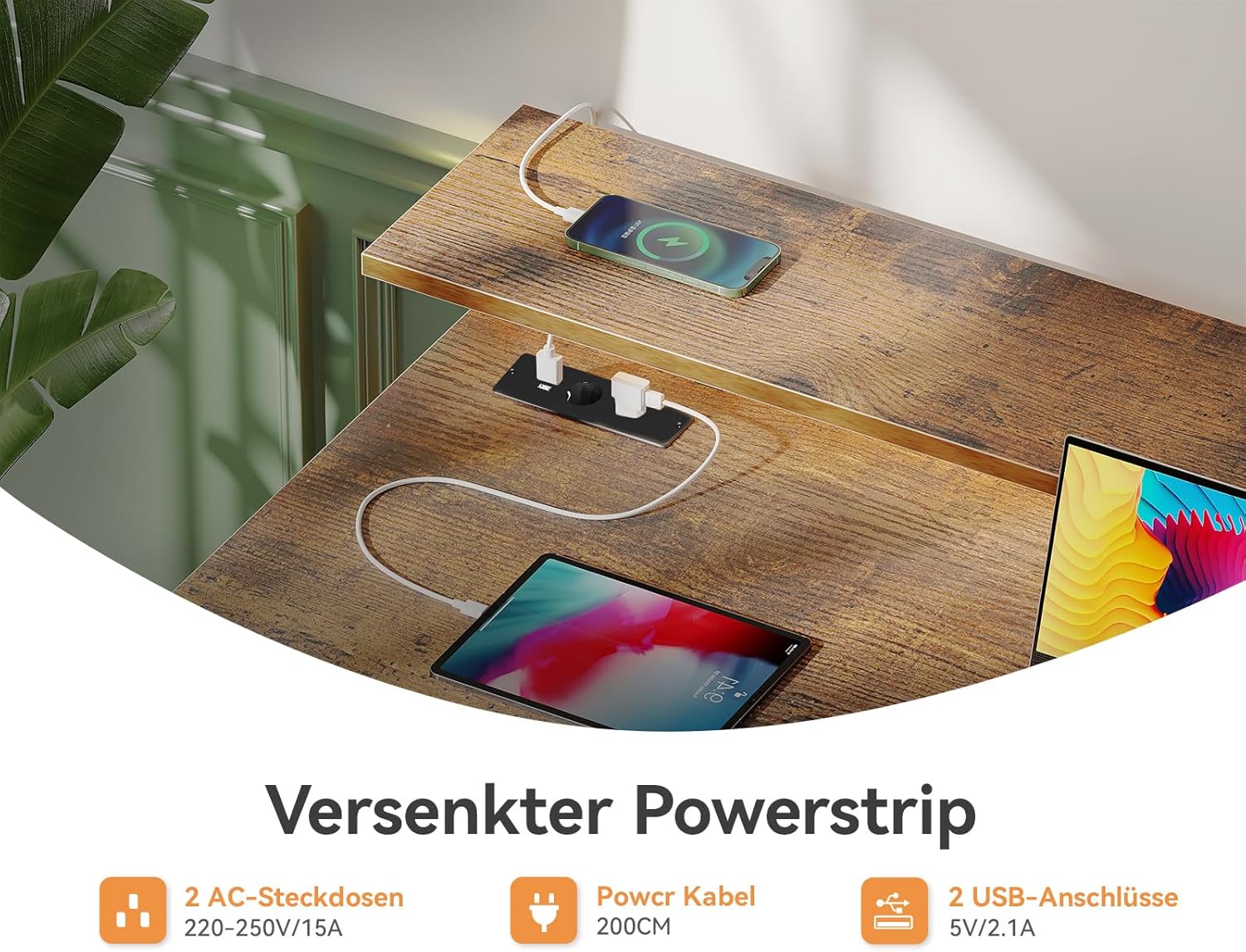 ODK Schreibtisch mit 4 Schubladen, Computertisch mit 2 Steckdosen und 2 USB Ladeanschluss, PC Tisch mit Regal, Gaming Tisch mit Tastaturablage fürs Büro, Wohnzimmer (Braun, 140x52x92cm)