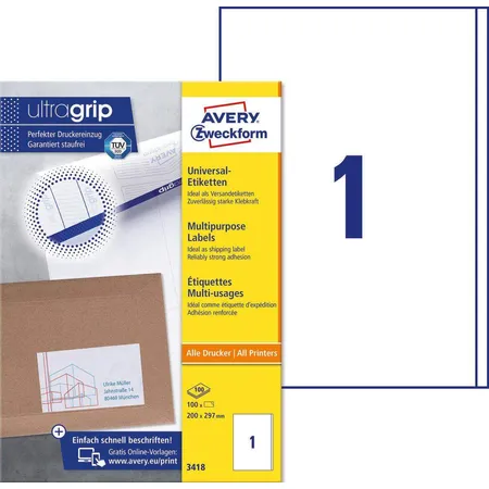 Avery Zweckform 3418 Universal-Etiketten,A4 mit ultragrip,200 x 297 mm, 100 Bogen/100 Etiketten, weiß