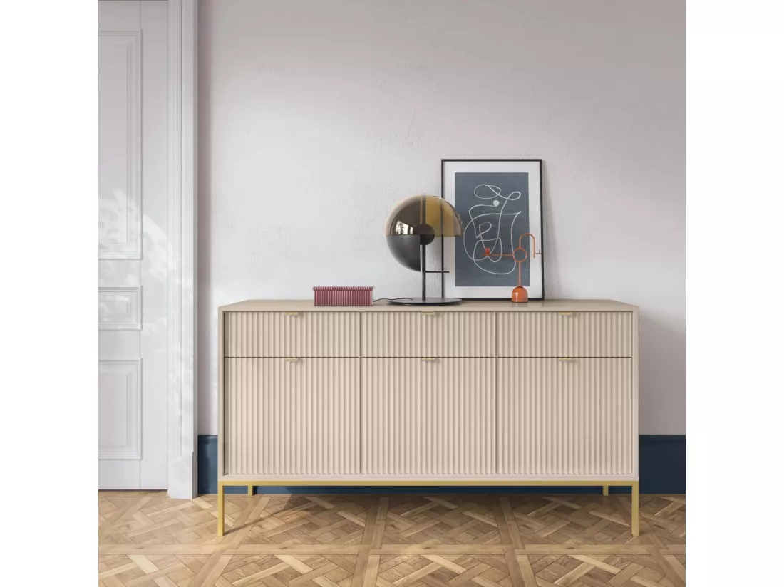 Buffet 3 portes - 154 cm - beige avec pieds dorés - VELLORE