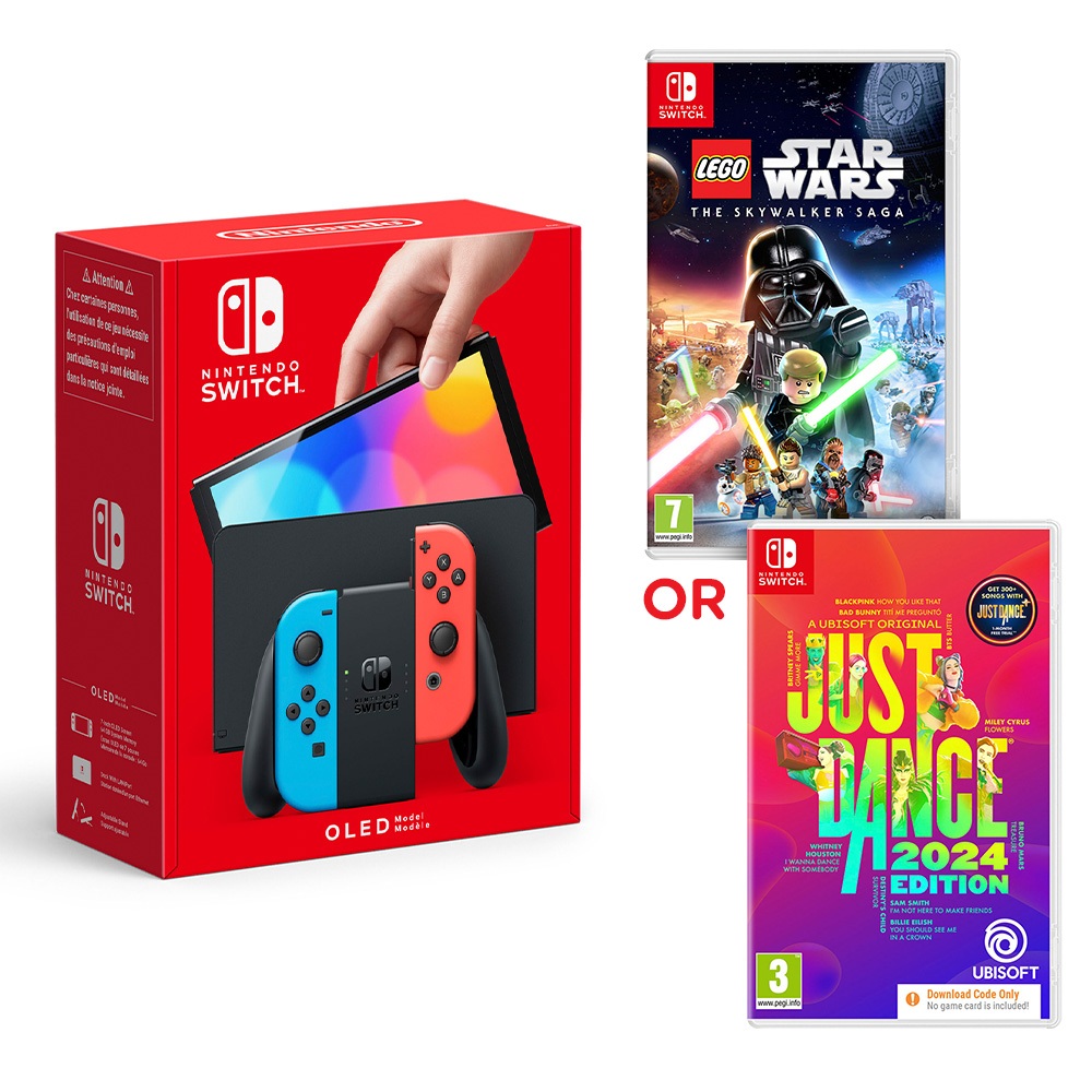 Nintendo Switch OLED (Neon) & Just Dance 24 oder LEGO Star Wars: Die Skywalker Saga