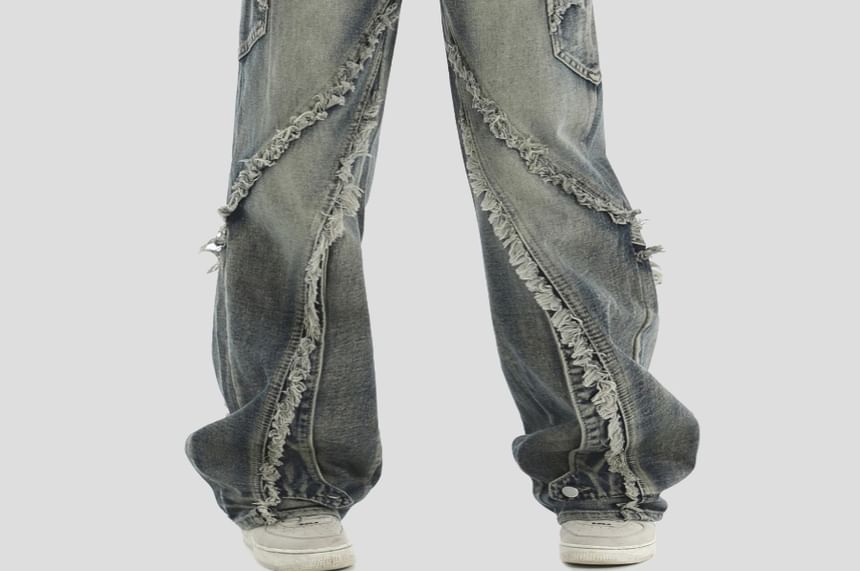 Banash - Low Rise Washed Frayed Wide Leg Jeans